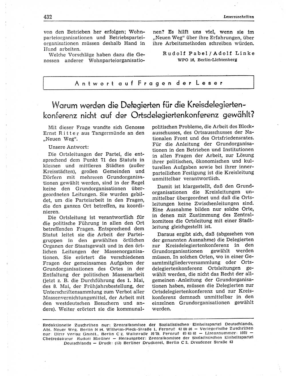 Neuer Weg (NW), Organ des Zentralkomitees (ZK) der SED (Sozialistische Einheitspartei Deutschlands) für Fragen des Parteiaufbaus und des Parteilebens, 10. Jahrgang [Deutsche Demokratische Republik (DDR)] 1955, Seite 432 (NW ZK SED DDR 1955, S. 432)