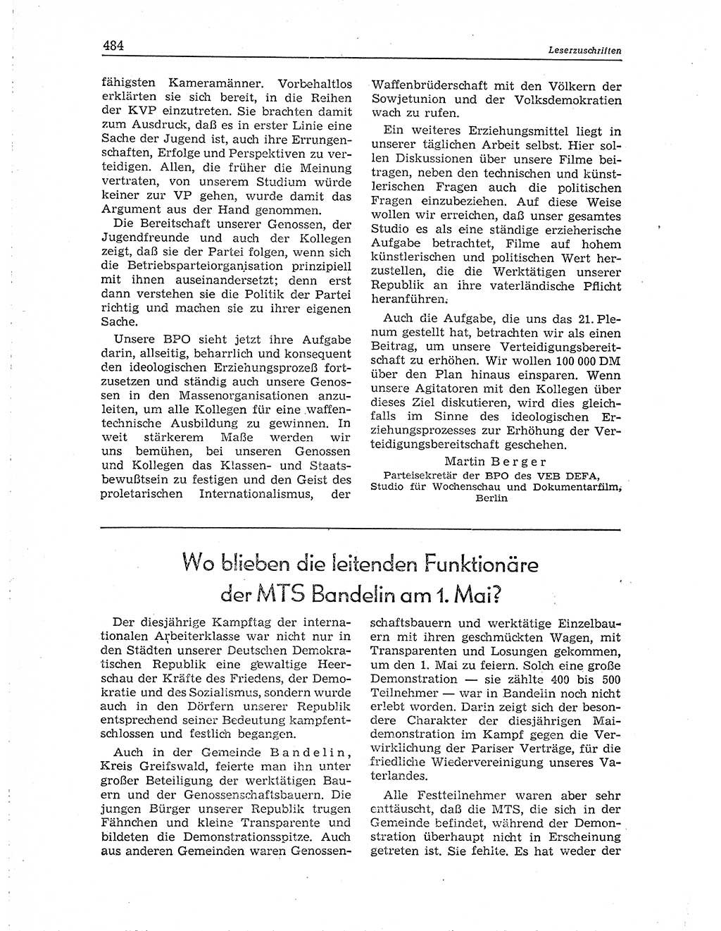 Neuer Weg (NW), Organ des Zentralkomitees (ZK) der SED (Sozialistische Einheitspartei Deutschlands) für Fragen des Parteiaufbaus und des Parteilebens, 10. Jahrgang [Deutsche Demokratische Republik (DDR)] 1955, Seite 484 (NW ZK SED DDR 1955, S. 484)