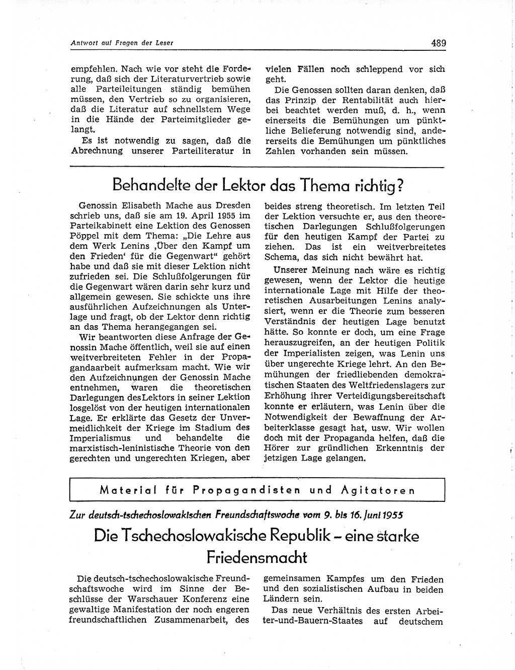 Neuer Weg (NW), Organ des Zentralkomitees (ZK) der SED (Sozialistische Einheitspartei Deutschlands) für Fragen des Parteiaufbaus und des Parteilebens, 10. Jahrgang [Deutsche Demokratische Republik (DDR)] 1955, Seite 489 (NW ZK SED DDR 1955, S. 489)