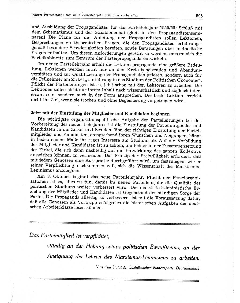 Neuer Weg (NW), Organ des Zentralkomitees (ZK) der SED (Sozialistische Einheitspartei Deutschlands) für Fragen des Parteiaufbaus und des Parteilebens, 10. Jahrgang [Deutsche Demokratische Republik (DDR)] 1955, Seite 595 (NW ZK SED DDR 1955, S. 595)