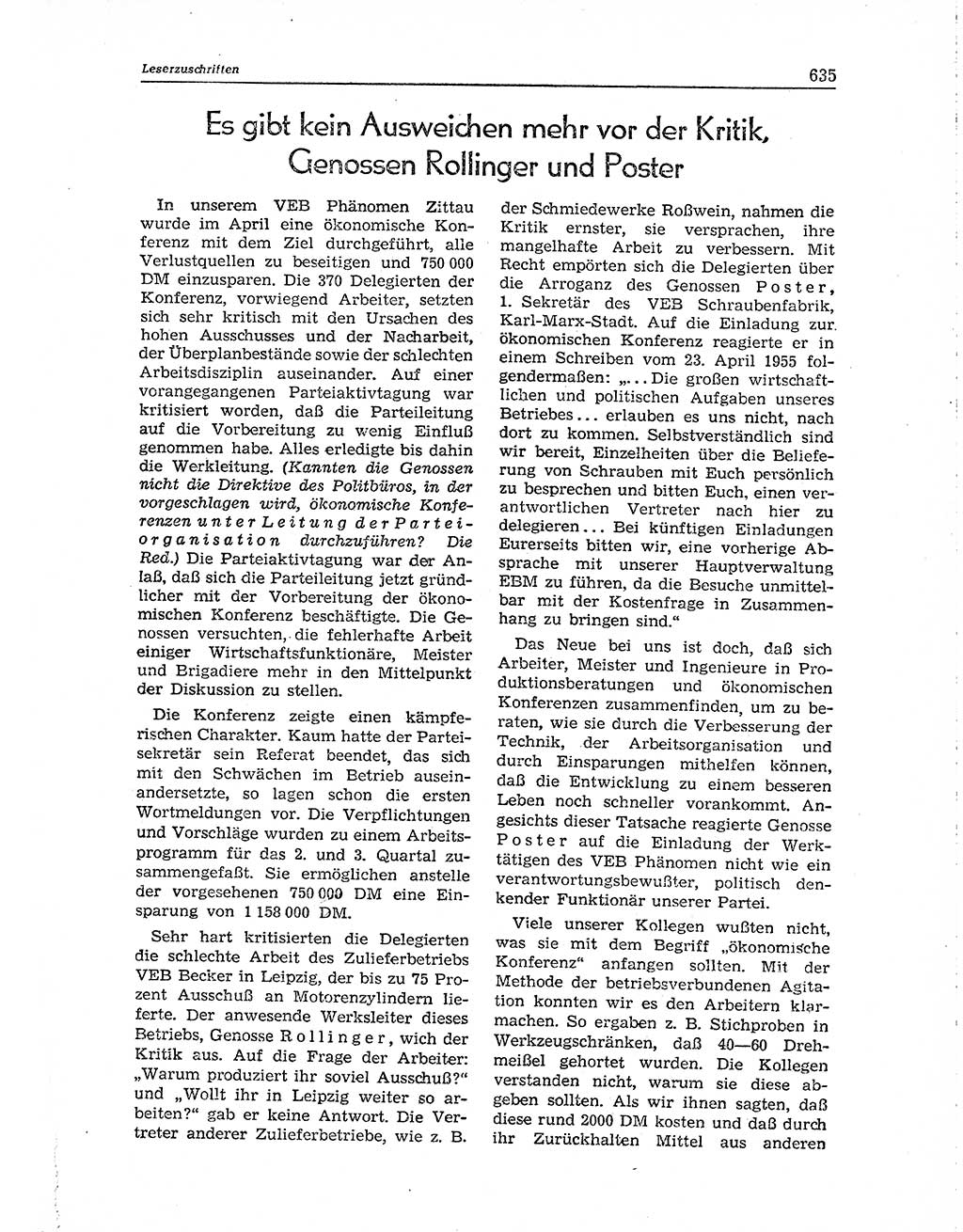Neuer Weg (NW), Organ des Zentralkomitees (ZK) der SED (Sozialistische Einheitspartei Deutschlands) für Fragen des Parteiaufbaus und des Parteilebens, 10. Jahrgang [Deutsche Demokratische Republik (DDR)] 1955, Seite 635 (NW ZK SED DDR 1955, S. 635)