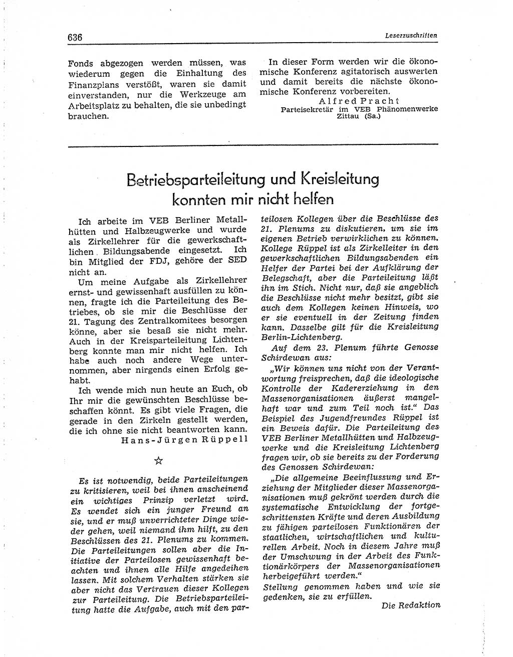 Neuer Weg (NW), Organ des Zentralkomitees (ZK) der SED (Sozialistische Einheitspartei Deutschlands) für Fragen des Parteiaufbaus und des Parteilebens, 10. Jahrgang [Deutsche Demokratische Republik (DDR)] 1955, Seite 636 (NW ZK SED DDR 1955, S. 636)