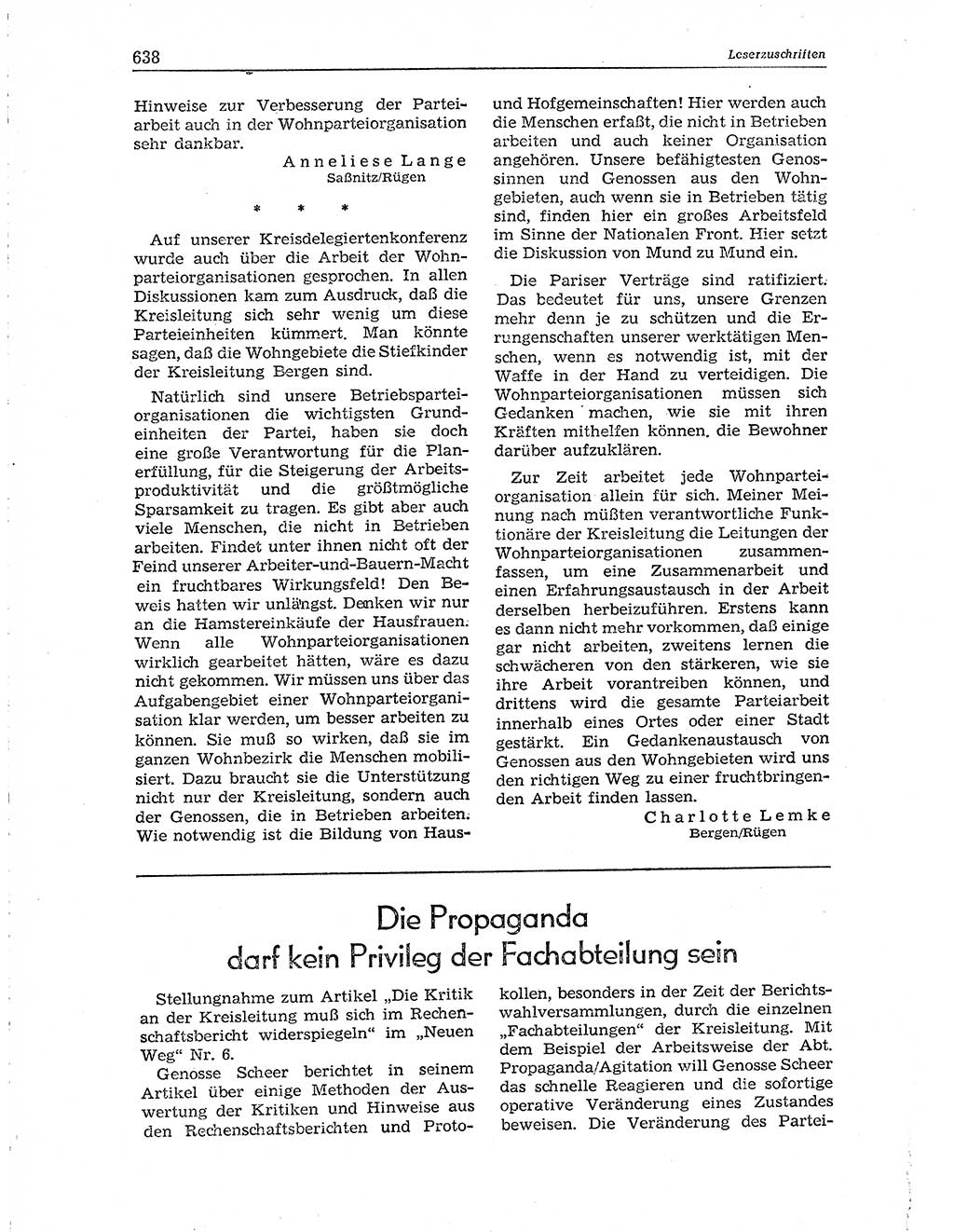 Neuer Weg (NW), Organ des Zentralkomitees (ZK) der SED (Sozialistische Einheitspartei Deutschlands) für Fragen des Parteiaufbaus und des Parteilebens, 10. Jahrgang [Deutsche Demokratische Republik (DDR)] 1955, Seite 638 (NW ZK SED DDR 1955, S. 638)