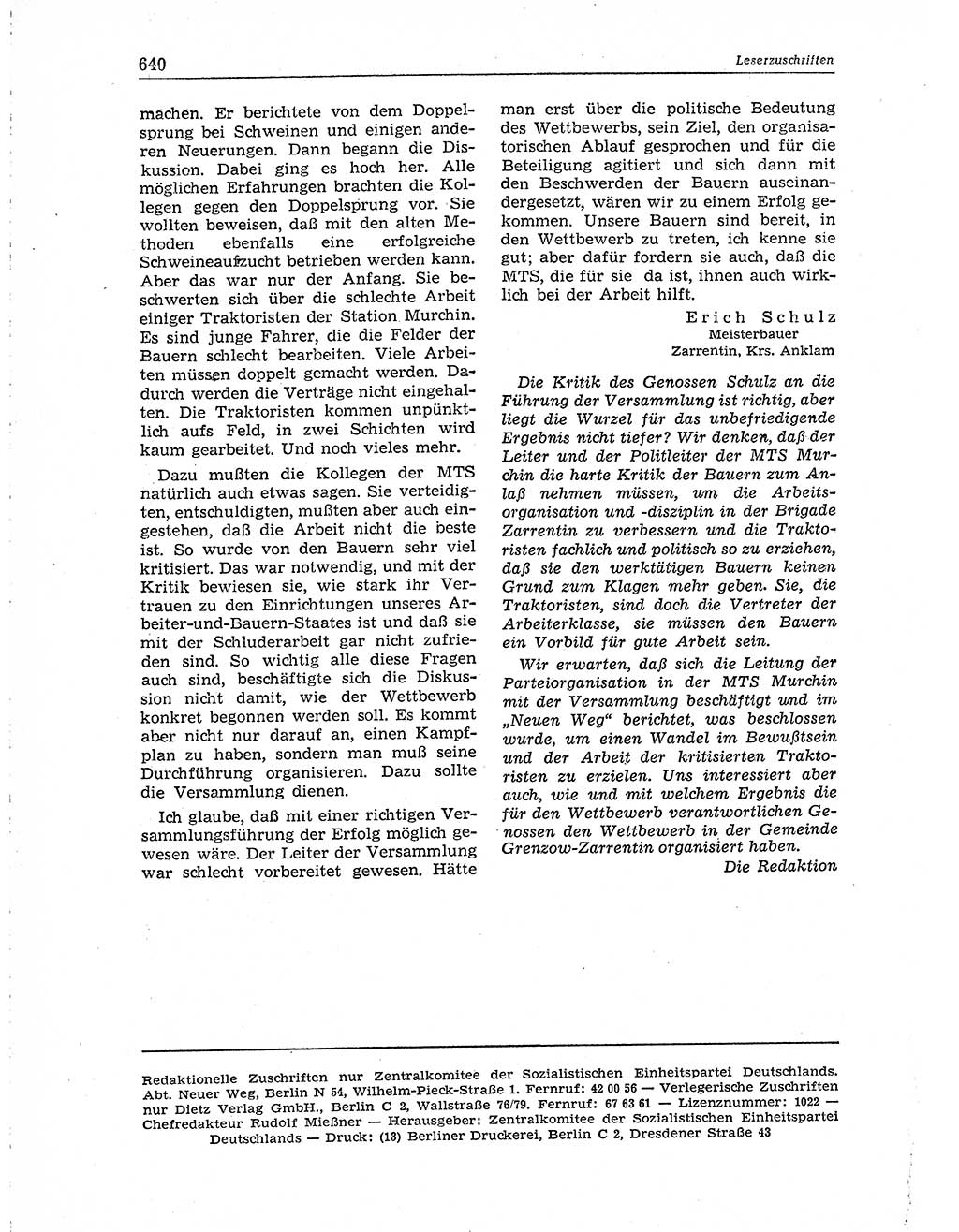 Neuer Weg (NW), Organ des Zentralkomitees (ZK) der SED (Sozialistische Einheitspartei Deutschlands) für Fragen des Parteiaufbaus und des Parteilebens, 10. Jahrgang [Deutsche Demokratische Republik (DDR)] 1955, Seite 640 (NW ZK SED DDR 1955, S. 640)