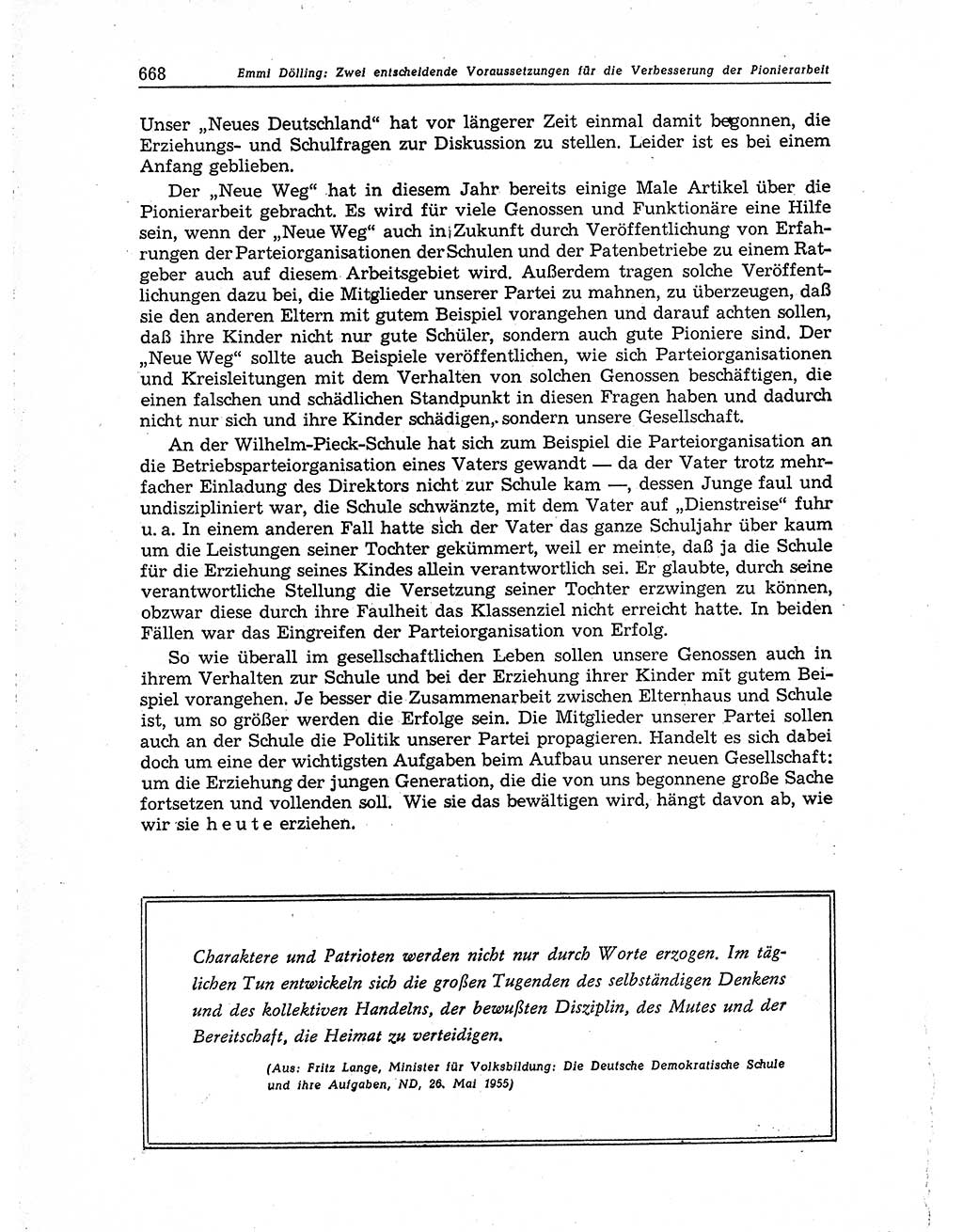 Neuer Weg (NW), Organ des Zentralkomitees (ZK) der SED (Sozialistische Einheitspartei Deutschlands) für Fragen des Parteiaufbaus und des Parteilebens, 10. Jahrgang [Deutsche Demokratische Republik (DDR)] 1955, Seite 668 (NW ZK SED DDR 1955, S. 668)