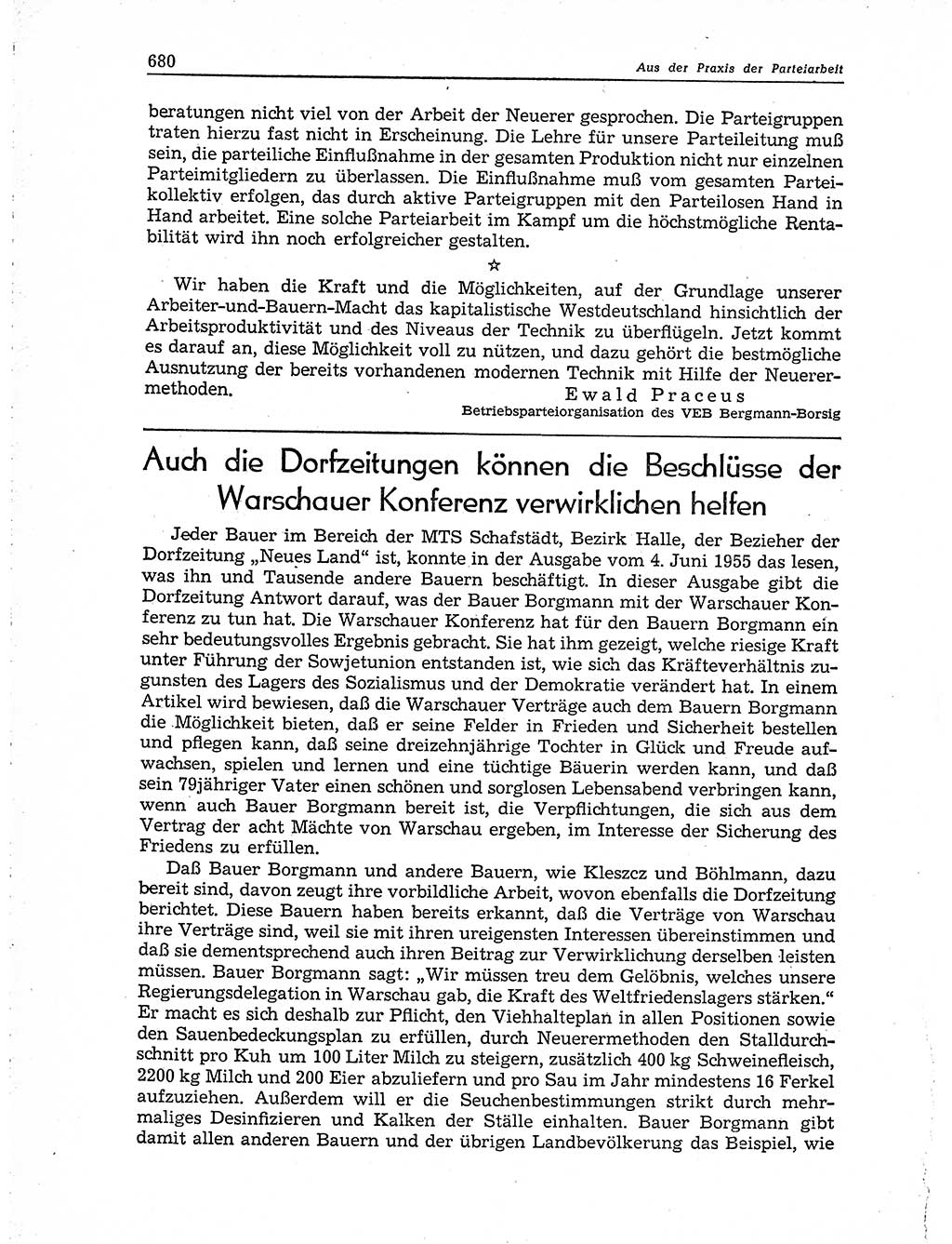 Neuer Weg (NW), Organ des Zentralkomitees (ZK) der SED (Sozialistische Einheitspartei Deutschlands) für Fragen des Parteiaufbaus und des Parteilebens, 10. Jahrgang [Deutsche Demokratische Republik (DDR)] 1955, Seite 680 (NW ZK SED DDR 1955, S. 680)
