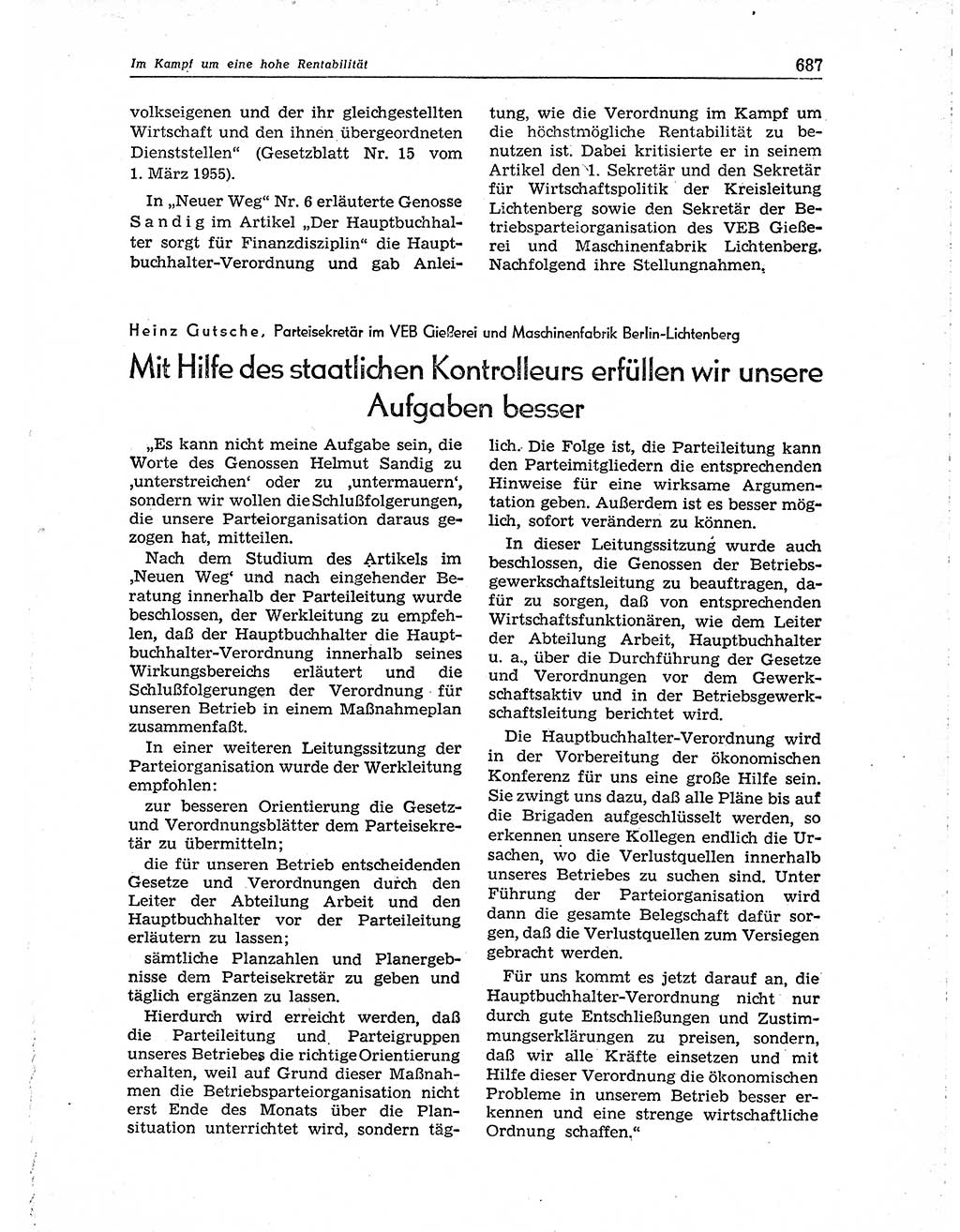 Neuer Weg (NW), Organ des Zentralkomitees (ZK) der SED (Sozialistische Einheitspartei Deutschlands) für Fragen des Parteiaufbaus und des Parteilebens, 10. Jahrgang [Deutsche Demokratische Republik (DDR)] 1955, Seite 687 (NW ZK SED DDR 1955, S. 687)