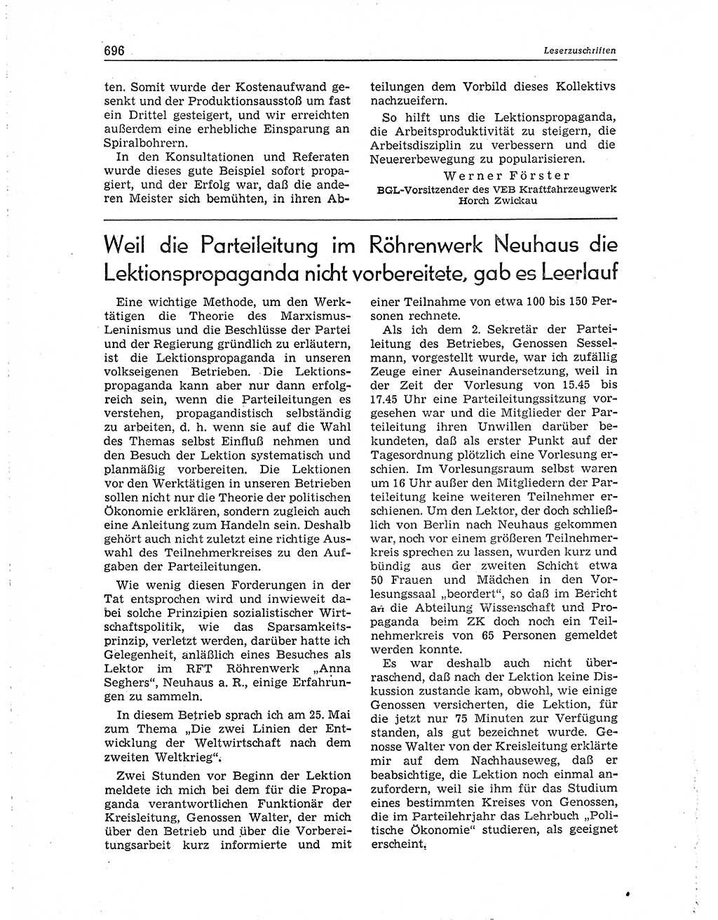 Neuer Weg (NW), Organ des Zentralkomitees (ZK) der SED (Sozialistische Einheitspartei Deutschlands) für Fragen des Parteiaufbaus und des Parteilebens, 10. Jahrgang [Deutsche Demokratische Republik (DDR)] 1955, Seite 696 (NW ZK SED DDR 1955, S. 696)