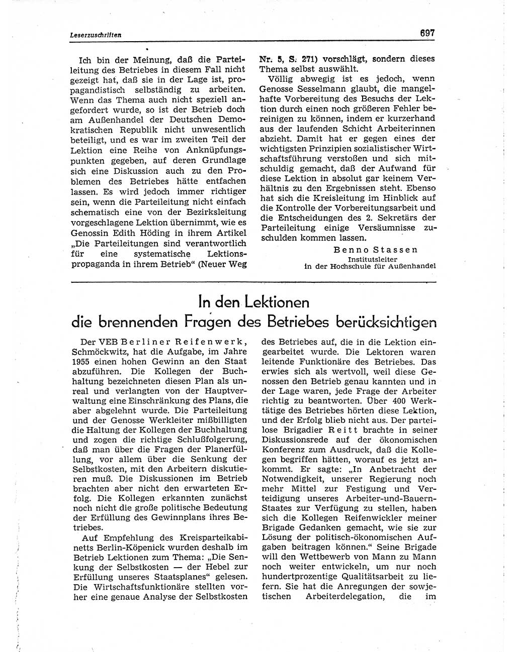 Neuer Weg (NW), Organ des Zentralkomitees (ZK) der SED (Sozialistische Einheitspartei Deutschlands) für Fragen des Parteiaufbaus und des Parteilebens, 10. Jahrgang [Deutsche Demokratische Republik (DDR)] 1955, Seite 697 (NW ZK SED DDR 1955, S. 697)