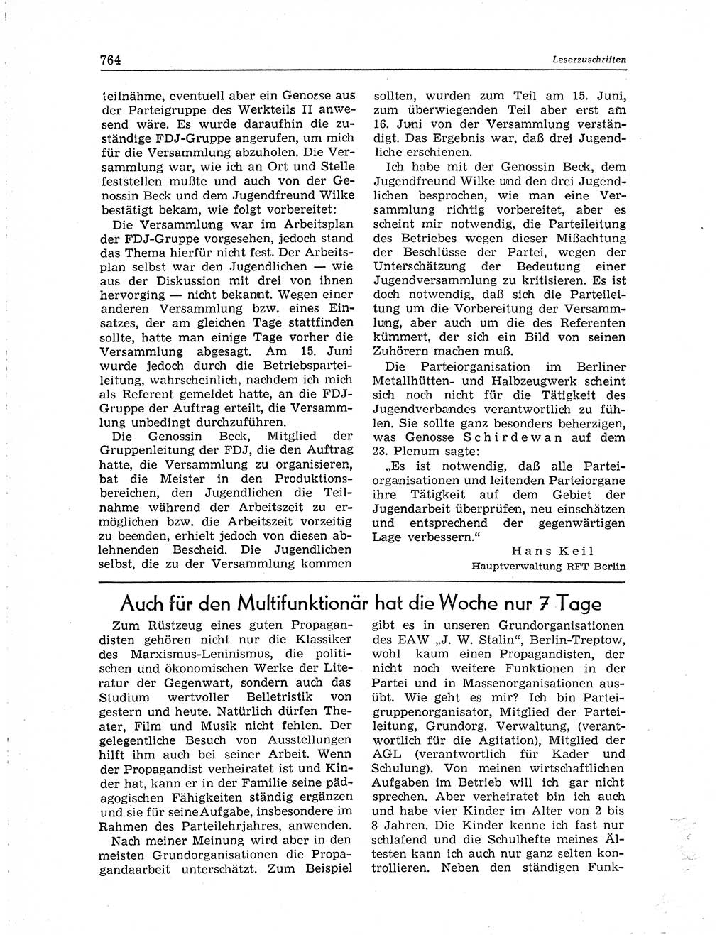 Neuer Weg (NW), Organ des Zentralkomitees (ZK) der SED (Sozialistische Einheitspartei Deutschlands) für Fragen des Parteiaufbaus und des Parteilebens, 10. Jahrgang [Deutsche Demokratische Republik (DDR)] 1955, Seite 764 (NW ZK SED DDR 1955, S. 764)