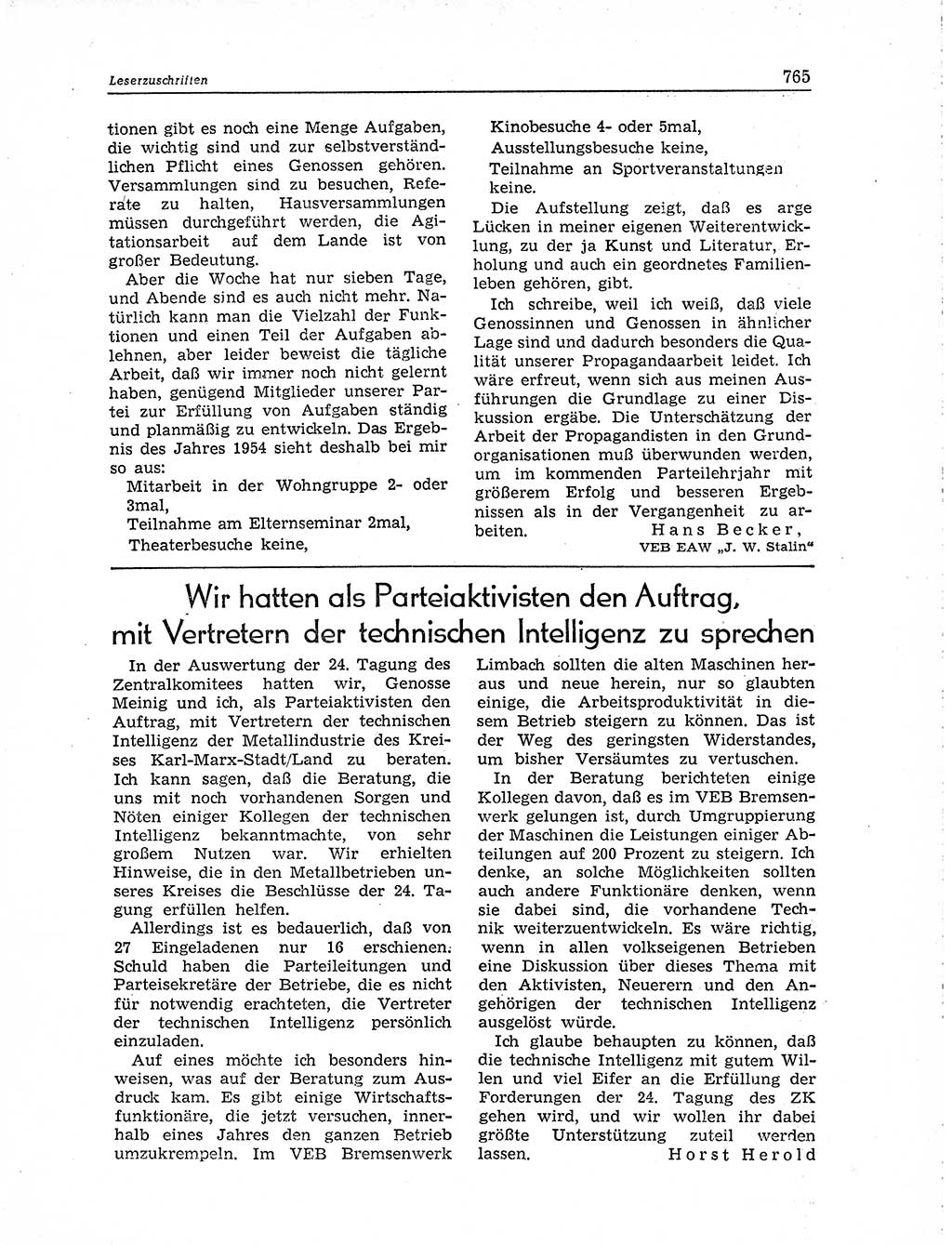 Neuer Weg (NW), Organ des Zentralkomitees (ZK) der SED (Sozialistische Einheitspartei Deutschlands) für Fragen des Parteiaufbaus und des Parteilebens, 10. Jahrgang [Deutsche Demokratische Republik (DDR)] 1955, Seite 765 (NW ZK SED DDR 1955, S. 765)