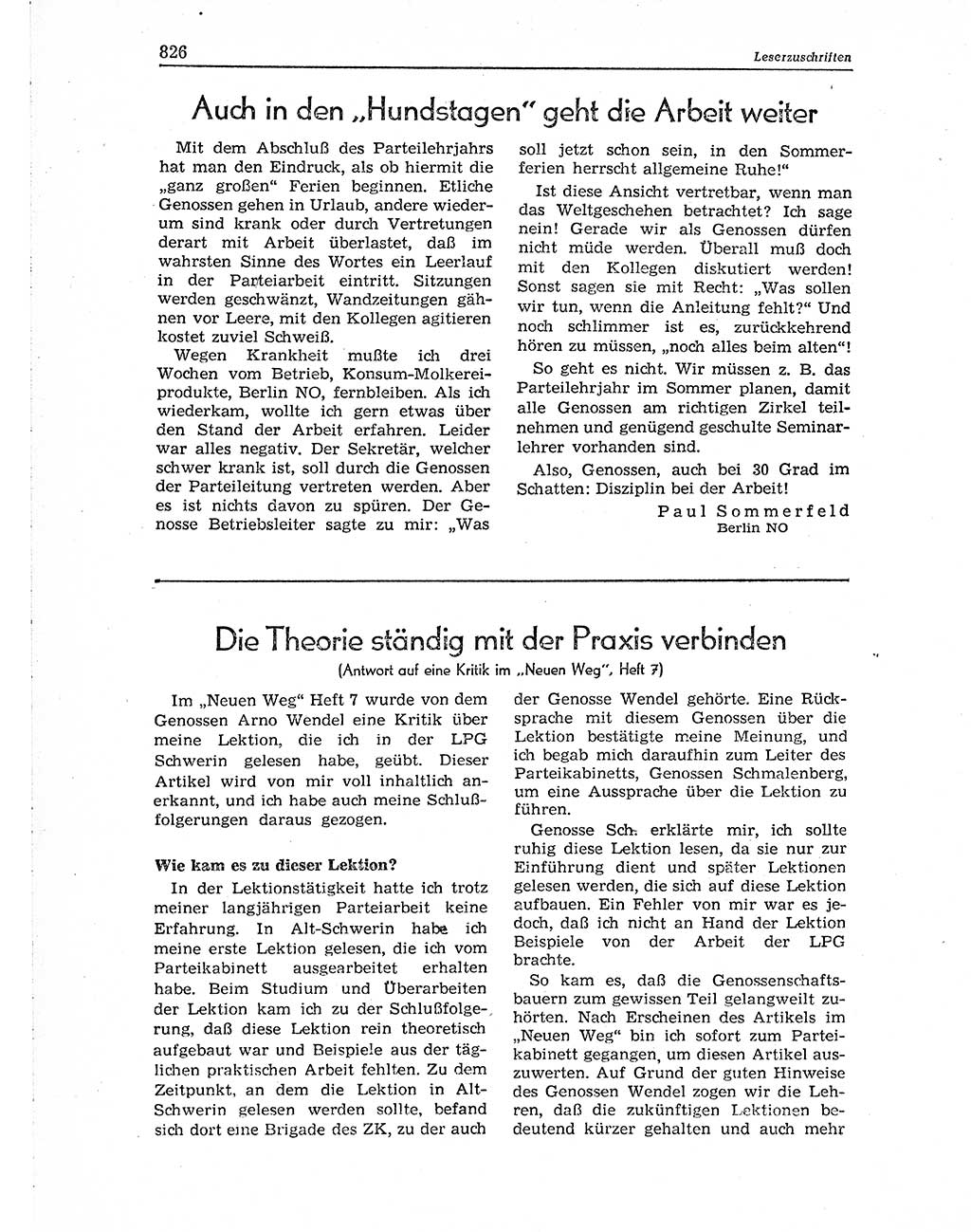 Neuer Weg (NW), Organ des Zentralkomitees (ZK) der SED (Sozialistische Einheitspartei Deutschlands) für Fragen des Parteiaufbaus und des Parteilebens, 10. Jahrgang [Deutsche Demokratische Republik (DDR)] 1955, Seite 826 (NW ZK SED DDR 1955, S. 826)