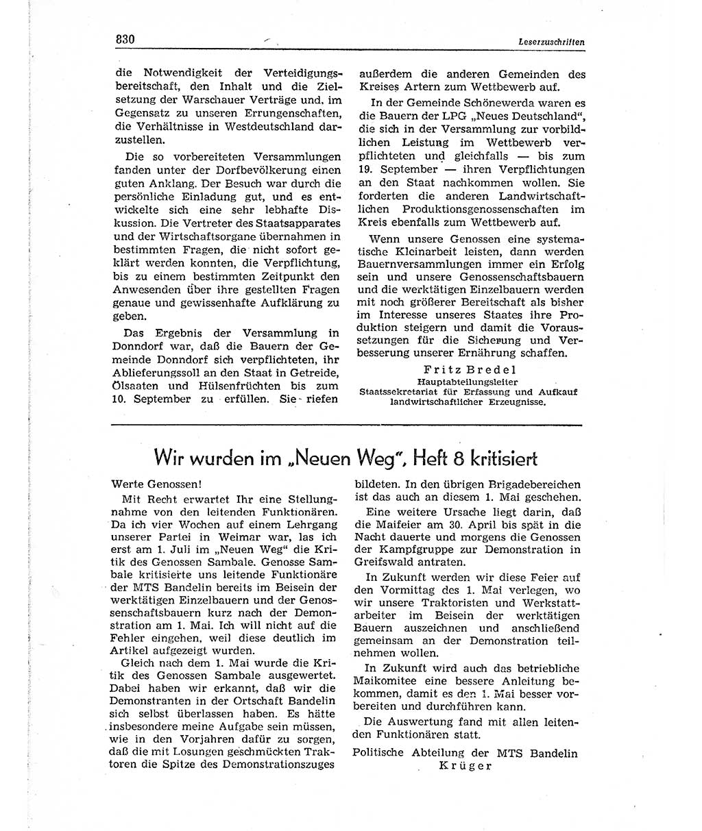 Neuer Weg (NW), Organ des Zentralkomitees (ZK) der SED (Sozialistische Einheitspartei Deutschlands) für Fragen des Parteiaufbaus und des Parteilebens, 10. Jahrgang [Deutsche Demokratische Republik (DDR)] 1955, Seite 830 (NW ZK SED DDR 1955, S. 830)