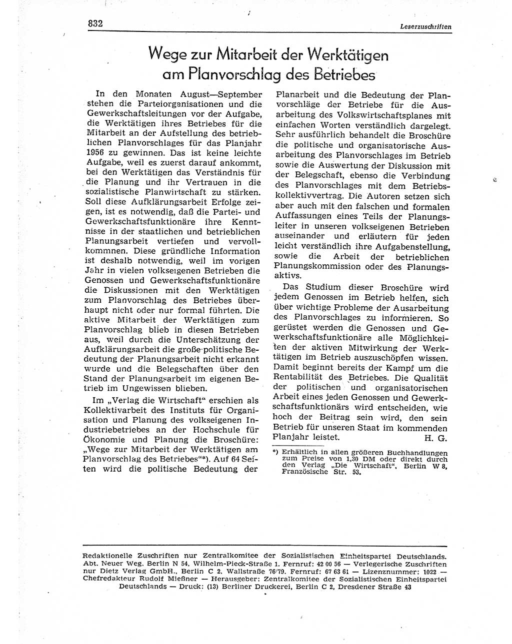 Neuer Weg (NW), Organ des Zentralkomitees (ZK) der SED (Sozialistische Einheitspartei Deutschlands) für Fragen des Parteiaufbaus und des Parteilebens, 10. Jahrgang [Deutsche Demokratische Republik (DDR)] 1955, Seite 832 (NW ZK SED DDR 1955, S. 832)