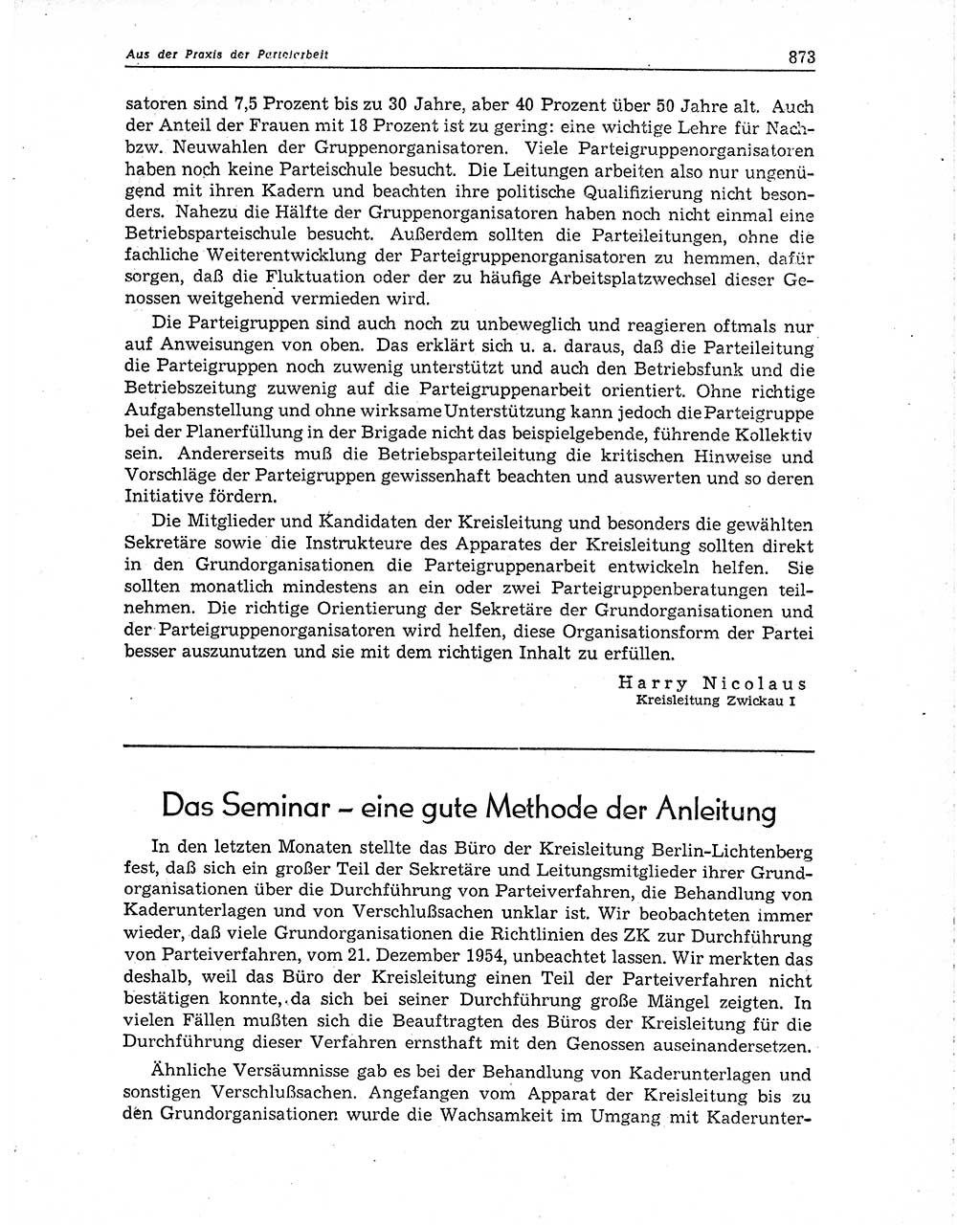 Neuer Weg (NW), Organ des Zentralkomitees (ZK) der SED (Sozialistische Einheitspartei Deutschlands) für Fragen des Parteiaufbaus und des Parteilebens, 10. Jahrgang [Deutsche Demokratische Republik (DDR)] 1955, Seite 873 (NW ZK SED DDR 1955, S. 873)