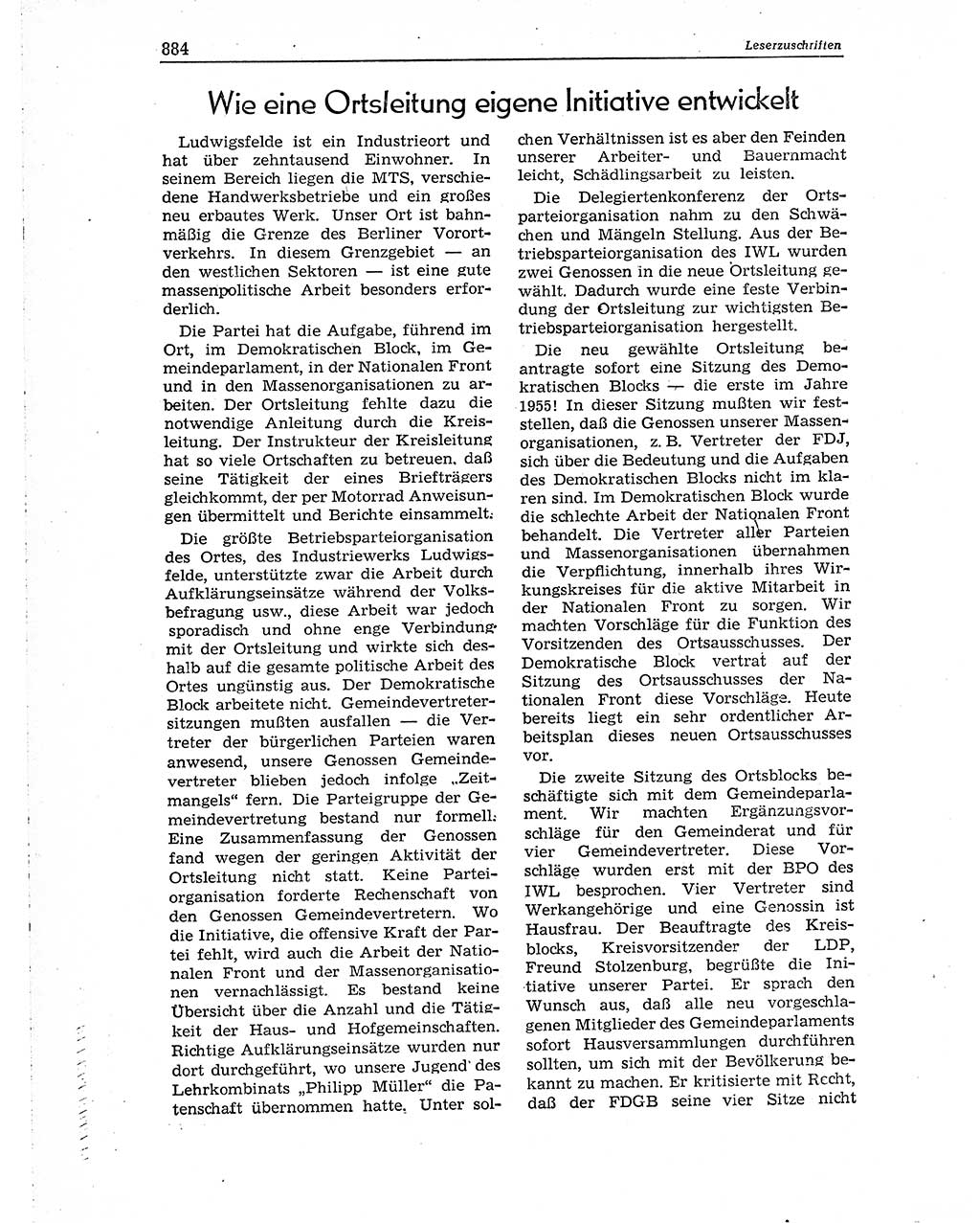 Neuer Weg (NW), Organ des Zentralkomitees (ZK) der SED (Sozialistische Einheitspartei Deutschlands) für Fragen des Parteiaufbaus und des Parteilebens, 10. Jahrgang [Deutsche Demokratische Republik (DDR)] 1955, Seite 884 (NW ZK SED DDR 1955, S. 884)