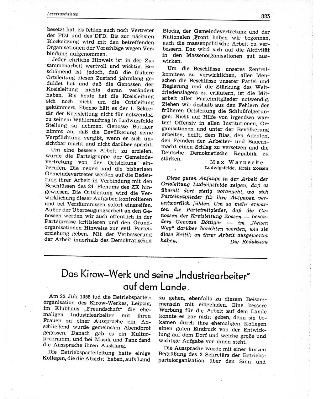 Neuer Weg (NW), Organ des Zentralkomitees (ZK) der SED (Sozialistische Einheitspartei Deutschlands) für Fragen des Parteiaufbaus und des Parteilebens, 10. Jahrgang [Deutsche Demokratische Republik (DDR)] 1955, Seite 885 (NW ZK SED DDR 1955, S. 885)