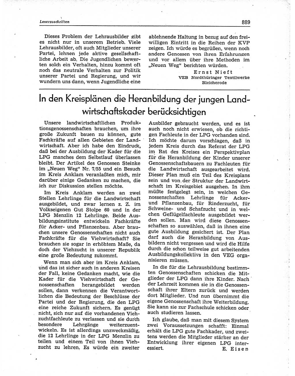 Neuer Weg (NW), Organ des Zentralkomitees (ZK) der SED (Sozialistische Einheitspartei Deutschlands) für Fragen des Parteiaufbaus und des Parteilebens, 10. Jahrgang [Deutsche Demokratische Republik (DDR)] 1955, Seite 889 (NW ZK SED DDR 1955, S. 889)