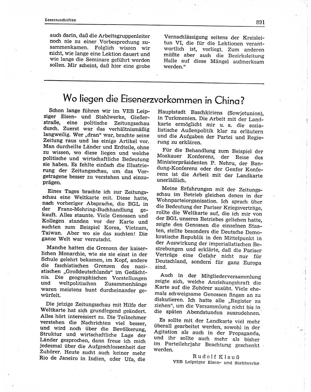 Neuer Weg (NW), Organ des Zentralkomitees (ZK) der SED (Sozialistische Einheitspartei Deutschlands) für Fragen des Parteiaufbaus und des Parteilebens, 10. Jahrgang [Deutsche Demokratische Republik (DDR)] 1955, Seite 891 (NW ZK SED DDR 1955, S. 891)