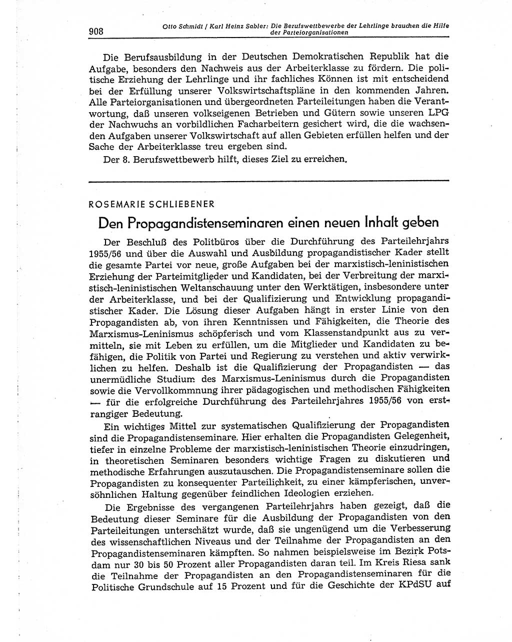 Neuer Weg (NW), Organ des Zentralkomitees (ZK) der SED (Sozialistische Einheitspartei Deutschlands) für Fragen des Parteiaufbaus und des Parteilebens, 10. Jahrgang [Deutsche Demokratische Republik (DDR)] 1955, Seite 908 (NW ZK SED DDR 1955, S. 908)