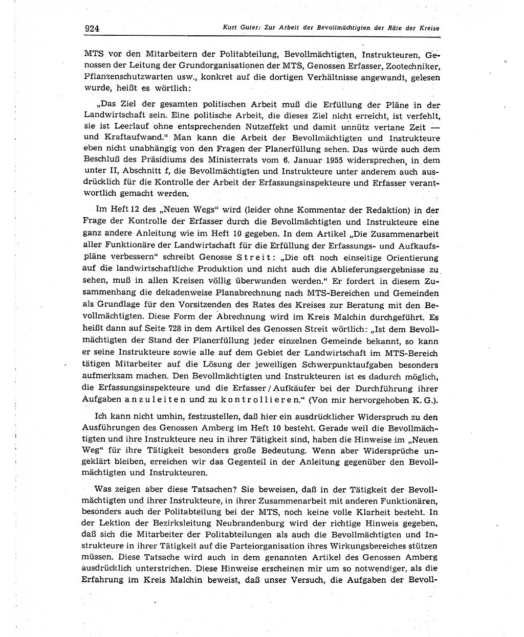 Neuer Weg (NW), Organ des Zentralkomitees (ZK) der SED (Sozialistische Einheitspartei Deutschlands) für Fragen des Parteiaufbaus und des Parteilebens, 10. Jahrgang [Deutsche Demokratische Republik (DDR)] 1955, Seite 924 (NW ZK SED DDR 1955, S. 924)