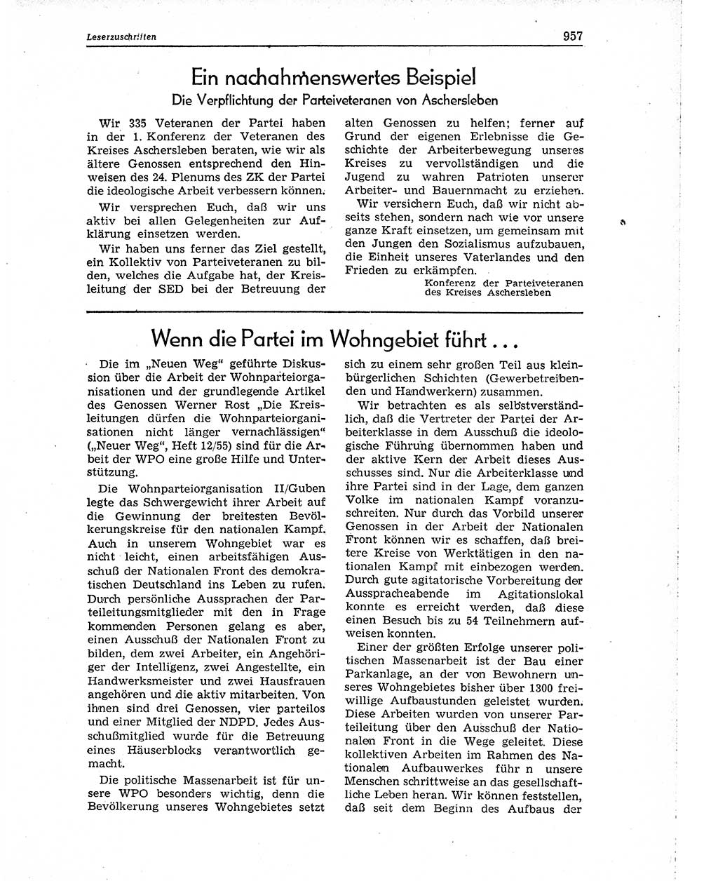 Neuer Weg (NW), Organ des Zentralkomitees (ZK) der SED (Sozialistische Einheitspartei Deutschlands) für Fragen des Parteiaufbaus und des Parteilebens, 10. Jahrgang [Deutsche Demokratische Republik (DDR)] 1955, Seite 957 (NW ZK SED DDR 1955, S. 957)