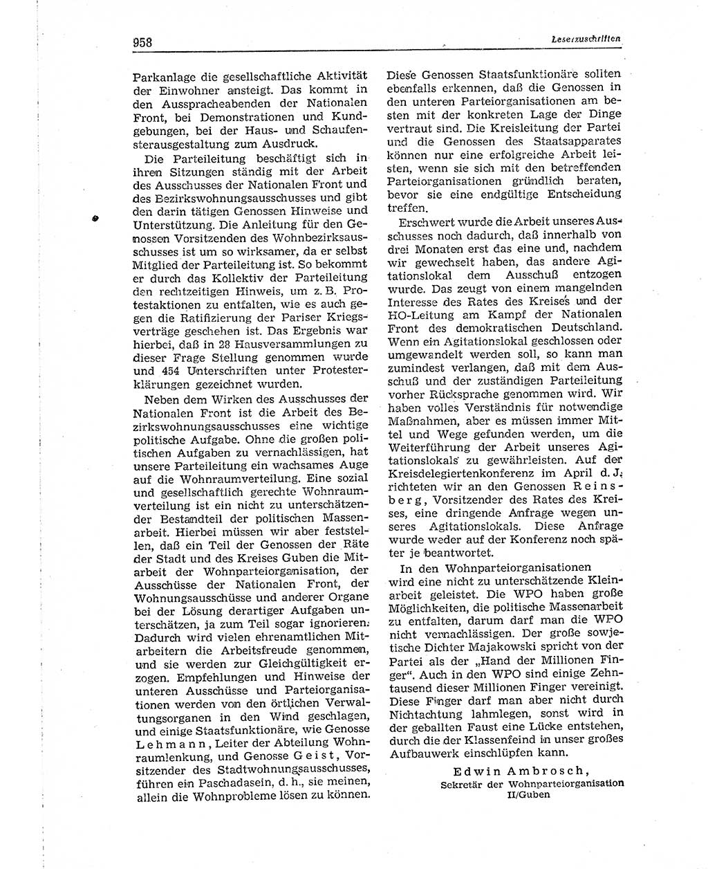 Neuer Weg (NW), Organ des Zentralkomitees (ZK) der SED (Sozialistische Einheitspartei Deutschlands) für Fragen des Parteiaufbaus und des Parteilebens, 10. Jahrgang [Deutsche Demokratische Republik (DDR)] 1955, Seite 958 (NW ZK SED DDR 1955, S. 958)