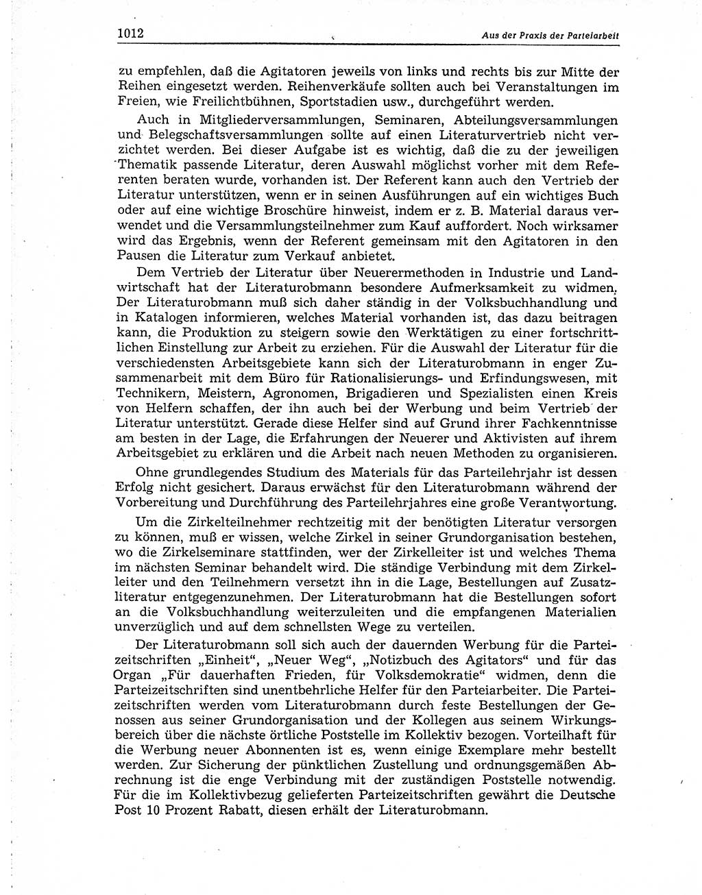 Neuer Weg (NW), Organ des Zentralkomitees (ZK) der SED (Sozialistische Einheitspartei Deutschlands) für Fragen des Parteiaufbaus und des Parteilebens, 10. Jahrgang [Deutsche Demokratische Republik (DDR)] 1955, Seite 1012 (NW ZK SED DDR 1955, S. 1012)