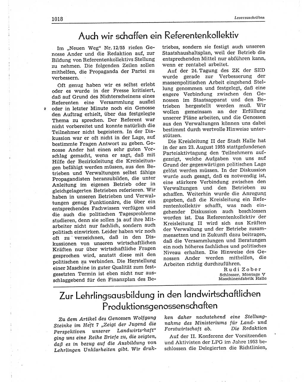 Neuer Weg (NW), Organ des Zentralkomitees (ZK) der SED (Sozialistische Einheitspartei Deutschlands) für Fragen des Parteiaufbaus und des Parteilebens, 10. Jahrgang [Deutsche Demokratische Republik (DDR)] 1955, Seite 1018 (NW ZK SED DDR 1955, S. 1018)