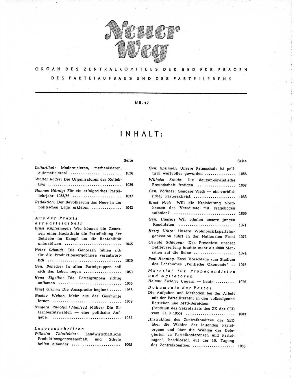 Neuer Weg (NW), Organ des Zentralkomitees (ZK) der SED (Sozialistische Einheitspartei Deutschlands) für Fragen des Parteiaufbaus und des Parteilebens, 10. Jahrgang [Deutsche Demokratische Republik (DDR)] 1955, Seite 1025 (NW ZK SED DDR 1955, S. 1025)