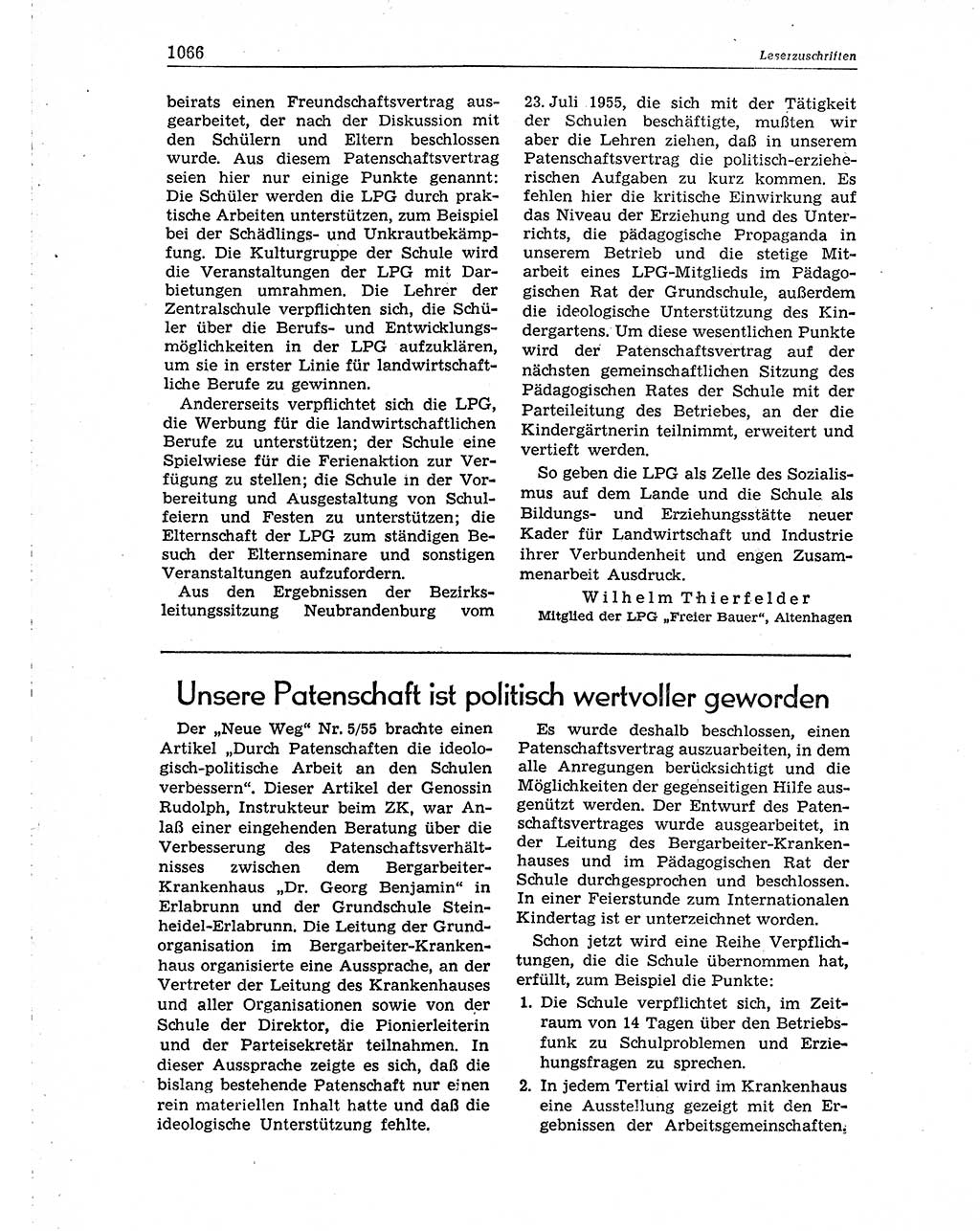 Neuer Weg (NW), Organ des Zentralkomitees (ZK) der SED (Sozialistische Einheitspartei Deutschlands) für Fragen des Parteiaufbaus und des Parteilebens, 10. Jahrgang [Deutsche Demokratische Republik (DDR)] 1955, Seite 1066 (NW ZK SED DDR 1955, S. 1066)