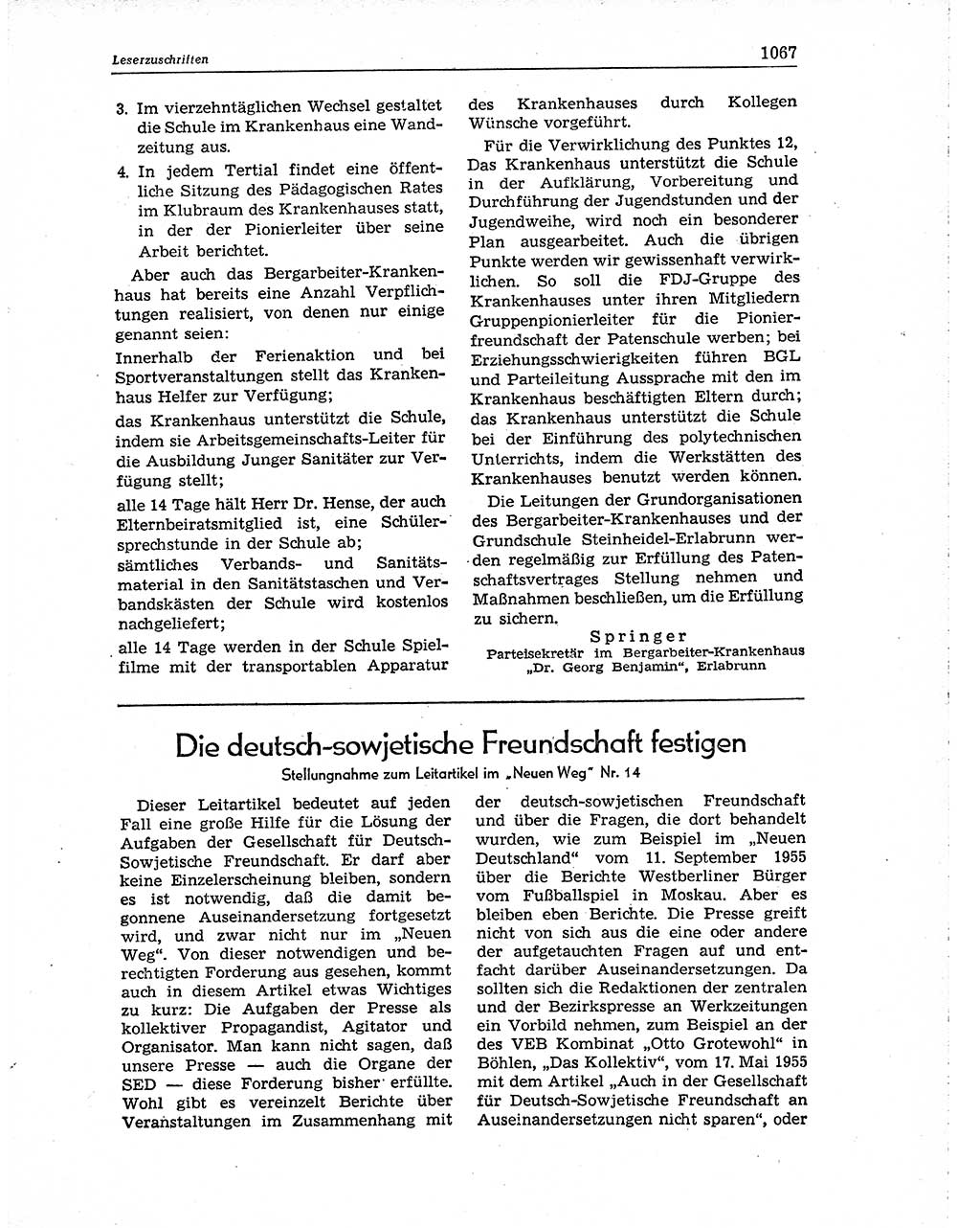 Neuer Weg (NW), Organ des Zentralkomitees (ZK) der SED (Sozialistische Einheitspartei Deutschlands) für Fragen des Parteiaufbaus und des Parteilebens, 10. Jahrgang [Deutsche Demokratische Republik (DDR)] 1955, Seite 1067 (NW ZK SED DDR 1955, S. 1067)