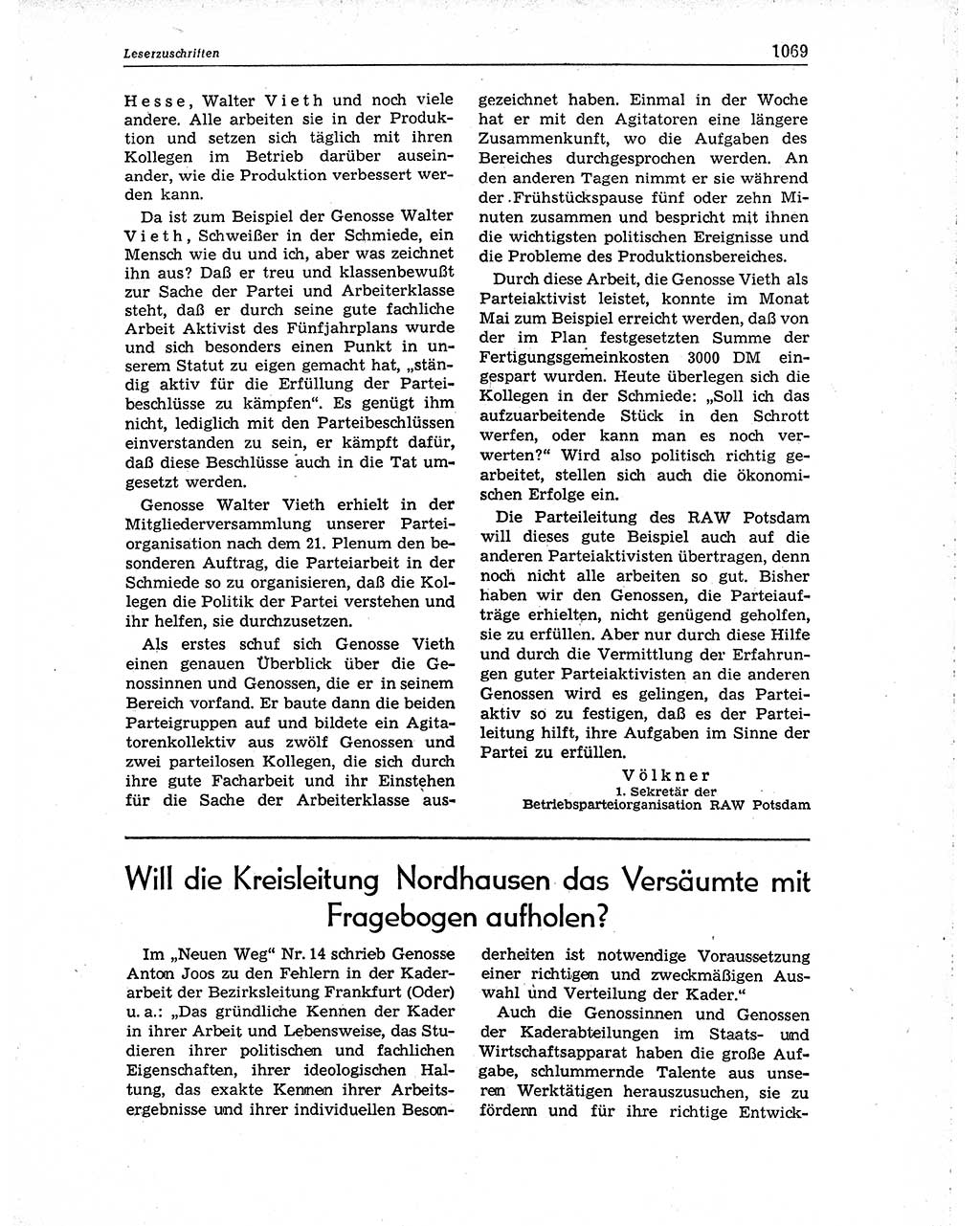 Neuer Weg (NW), Organ des Zentralkomitees (ZK) der SED (Sozialistische Einheitspartei Deutschlands) für Fragen des Parteiaufbaus und des Parteilebens, 10. Jahrgang [Deutsche Demokratische Republik (DDR)] 1955, Seite 1069 (NW ZK SED DDR 1955, S. 1069)