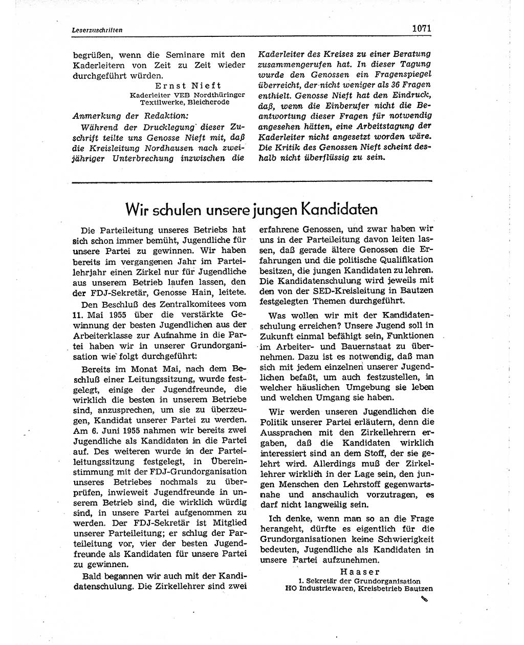 Neuer Weg (NW), Organ des Zentralkomitees (ZK) der SED (Sozialistische Einheitspartei Deutschlands) für Fragen des Parteiaufbaus und des Parteilebens, 10. Jahrgang [Deutsche Demokratische Republik (DDR)] 1955, Seite 1071 (NW ZK SED DDR 1955, S. 1071)