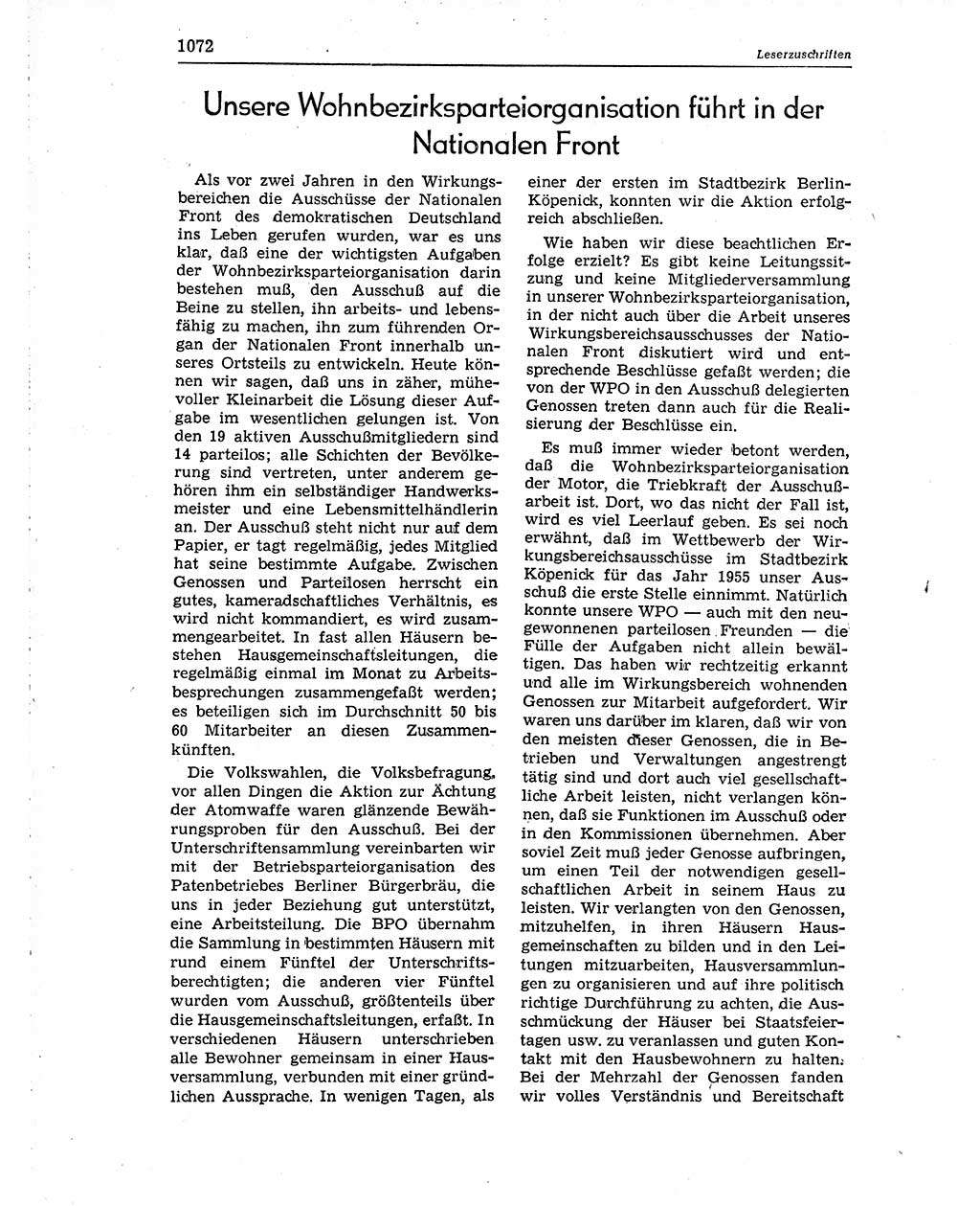 Neuer Weg (NW), Organ des Zentralkomitees (ZK) der SED (Sozialistische Einheitspartei Deutschlands) für Fragen des Parteiaufbaus und des Parteilebens, 10. Jahrgang [Deutsche Demokratische Republik (DDR)] 1955, Seite 1072 (NW ZK SED DDR 1955, S. 1072)