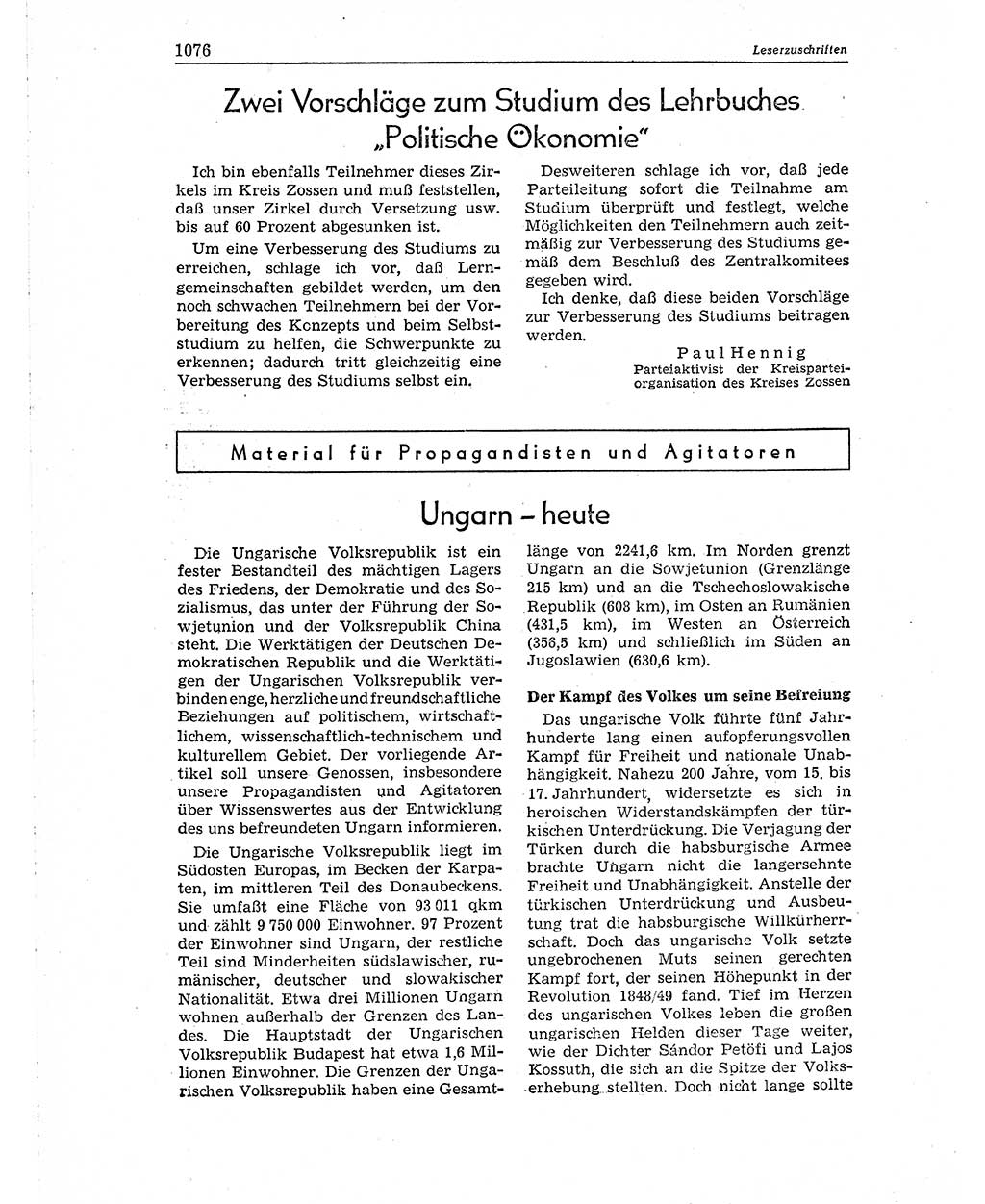 Neuer Weg (NW), Organ des Zentralkomitees (ZK) der SED (Sozialistische Einheitspartei Deutschlands) für Fragen des Parteiaufbaus und des Parteilebens, 10. Jahrgang [Deutsche Demokratische Republik (DDR)] 1955, Seite 1076 (NW ZK SED DDR 1955, S. 1076)