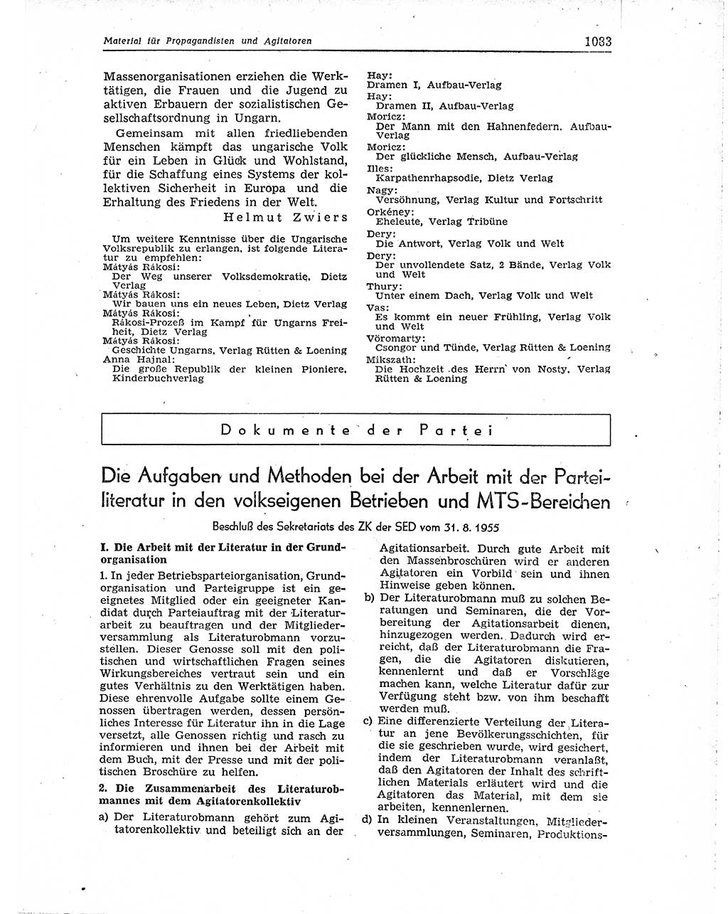 Neuer Weg (NW), Organ des Zentralkomitees (ZK) der SED (Sozialistische Einheitspartei Deutschlands) für Fragen des Parteiaufbaus und des Parteilebens, 10. Jahrgang [Deutsche Demokratische Republik (DDR)] 1955, Seite 1083 (NW ZK SED DDR 1955, S. 1083)