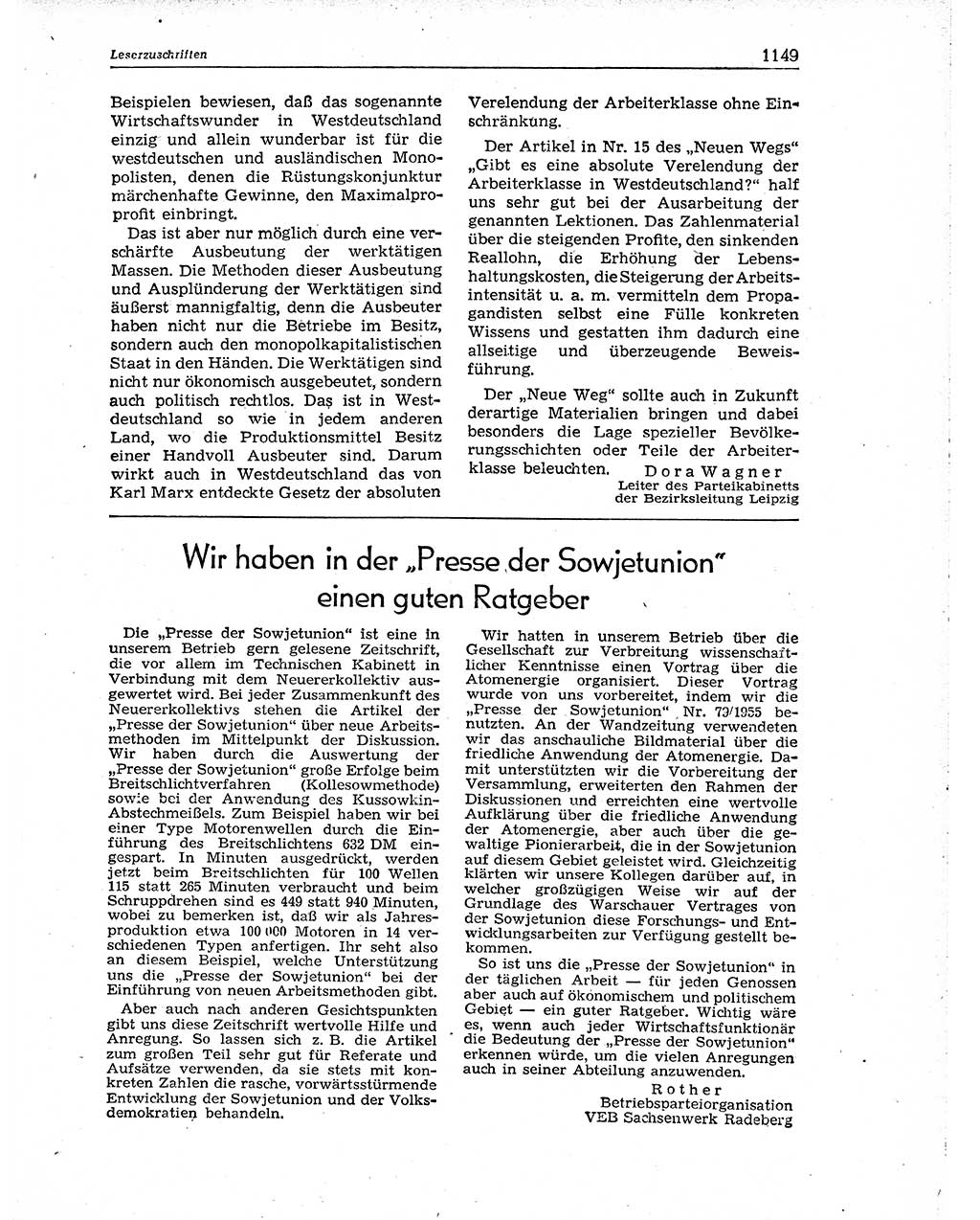 Neuer Weg (NW), Organ des Zentralkomitees (ZK) der SED (Sozialistische Einheitspartei Deutschlands) für Fragen des Parteiaufbaus und des Parteilebens, 10. Jahrgang [Deutsche Demokratische Republik (DDR)] 1955, Seite 1149 (NW ZK SED DDR 1955, S. 1149)
