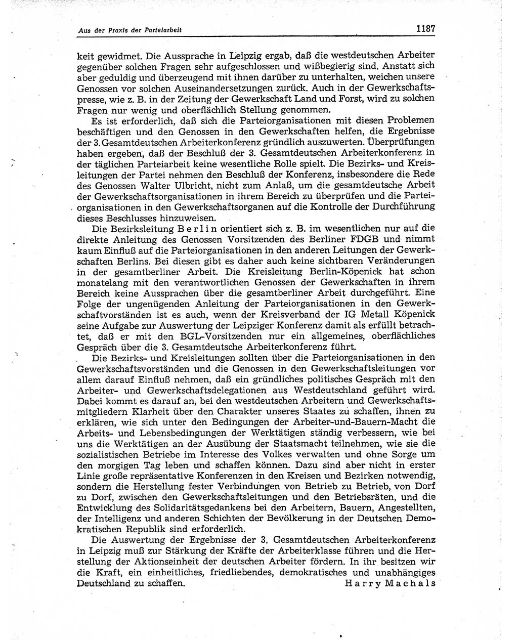 Neuer Weg (NW), Organ des Zentralkomitees (ZK) der SED (Sozialistische Einheitspartei Deutschlands) für Fragen des Parteiaufbaus und des Parteilebens, 10. Jahrgang [Deutsche Demokratische Republik (DDR)] 1955, Seite 1187 (NW ZK SED DDR 1955, S. 1187)