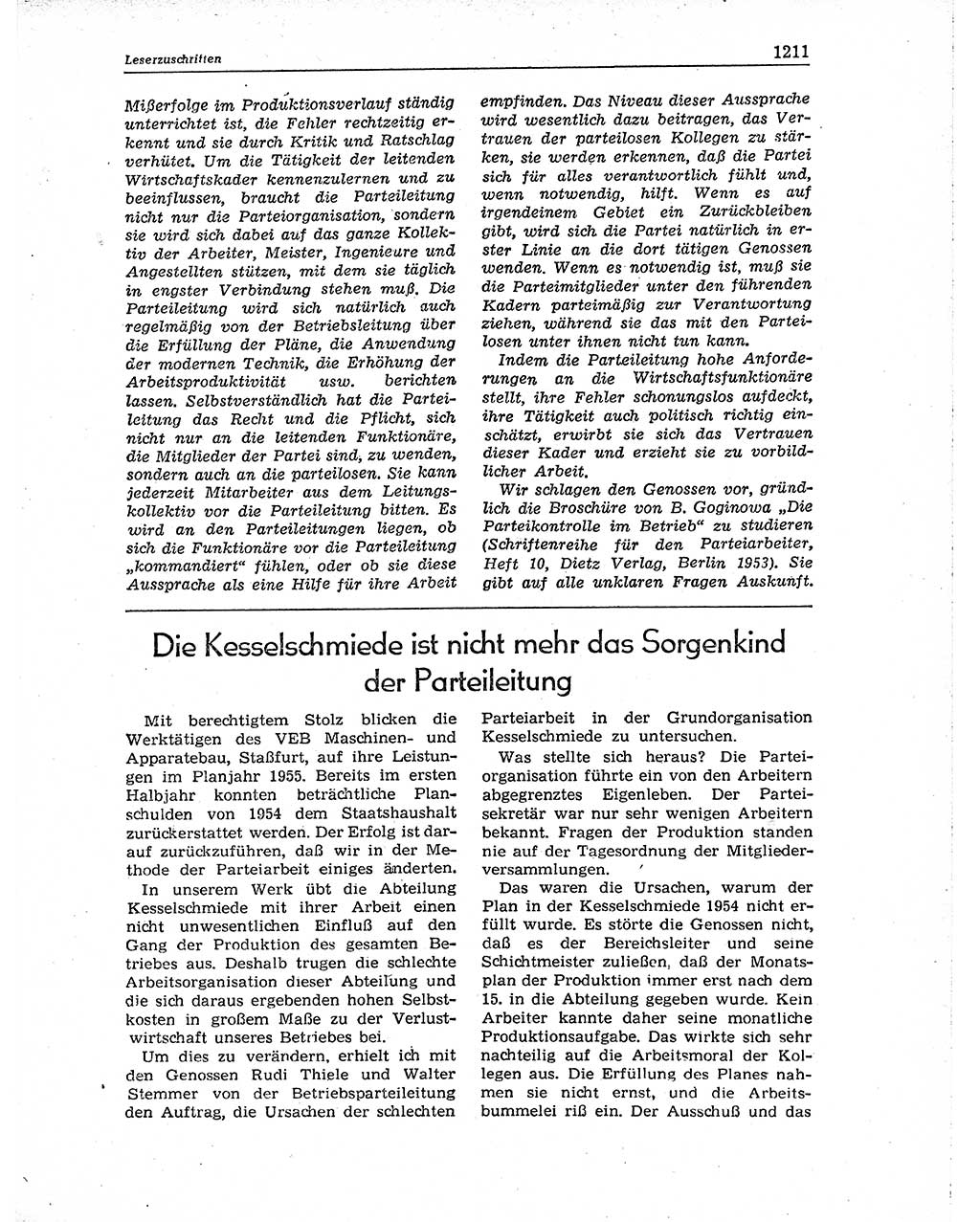 Neuer Weg (NW), Organ des Zentralkomitees (ZK) der SED (Sozialistische Einheitspartei Deutschlands) für Fragen des Parteiaufbaus und des Parteilebens, 10. Jahrgang [Deutsche Demokratische Republik (DDR)] 1955, Seite 1211 (NW ZK SED DDR 1955, S. 1211)