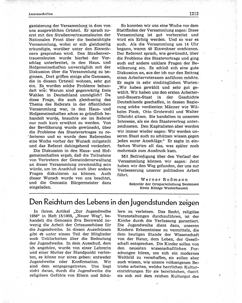 Neuer Weg (NW), Organ des Zentralkomitees (ZK) der SED (Sozialistische Einheitspartei Deutschlands) für Fragen des Parteiaufbaus und des Parteilebens, 10. Jahrgang [Deutsche Demokratische Republik (DDR)] 1955, Seite 1213 (NW ZK SED DDR 1955, S. 1213)