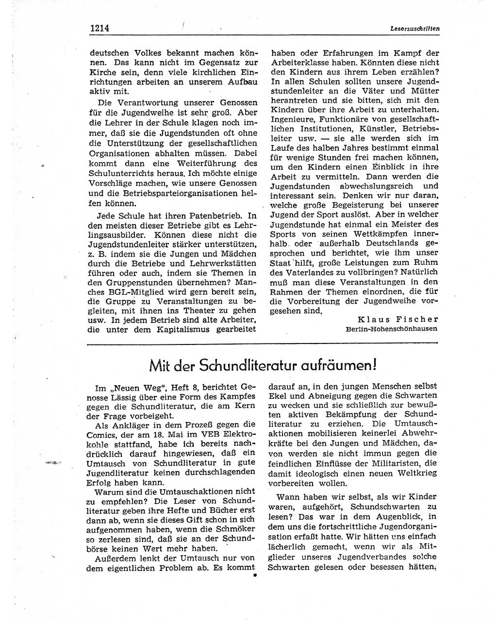 Neuer Weg (NW), Organ des Zentralkomitees (ZK) der SED (Sozialistische Einheitspartei Deutschlands) für Fragen des Parteiaufbaus und des Parteilebens, 10. Jahrgang [Deutsche Demokratische Republik (DDR)] 1955, Seite 1214 (NW ZK SED DDR 1955, S. 1214)