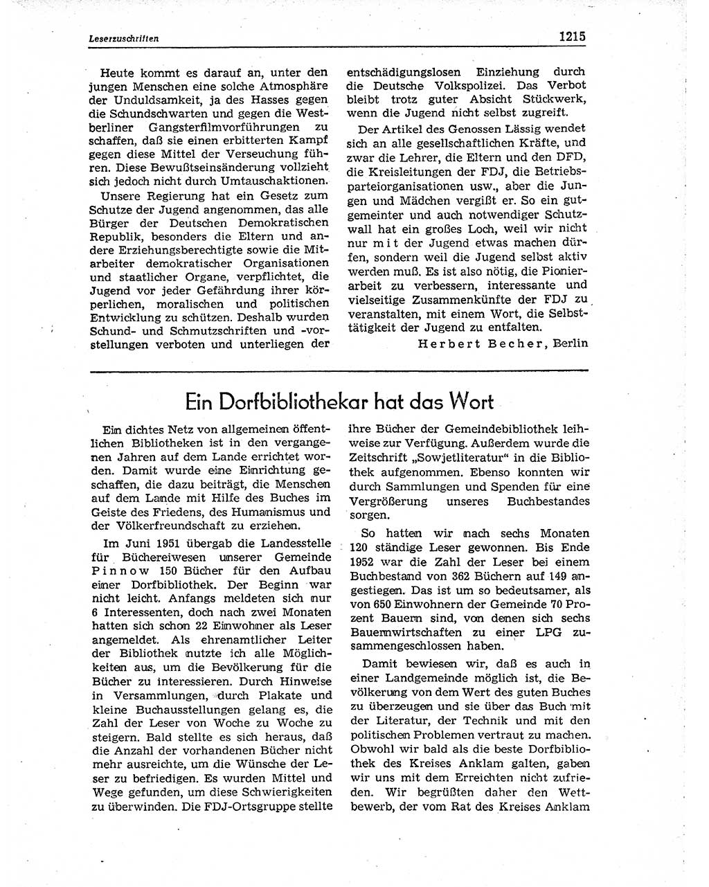 Neuer Weg (NW), Organ des Zentralkomitees (ZK) der SED (Sozialistische Einheitspartei Deutschlands) für Fragen des Parteiaufbaus und des Parteilebens, 10. Jahrgang [Deutsche Demokratische Republik (DDR)] 1955, Seite 1215 (NW ZK SED DDR 1955, S. 1215)