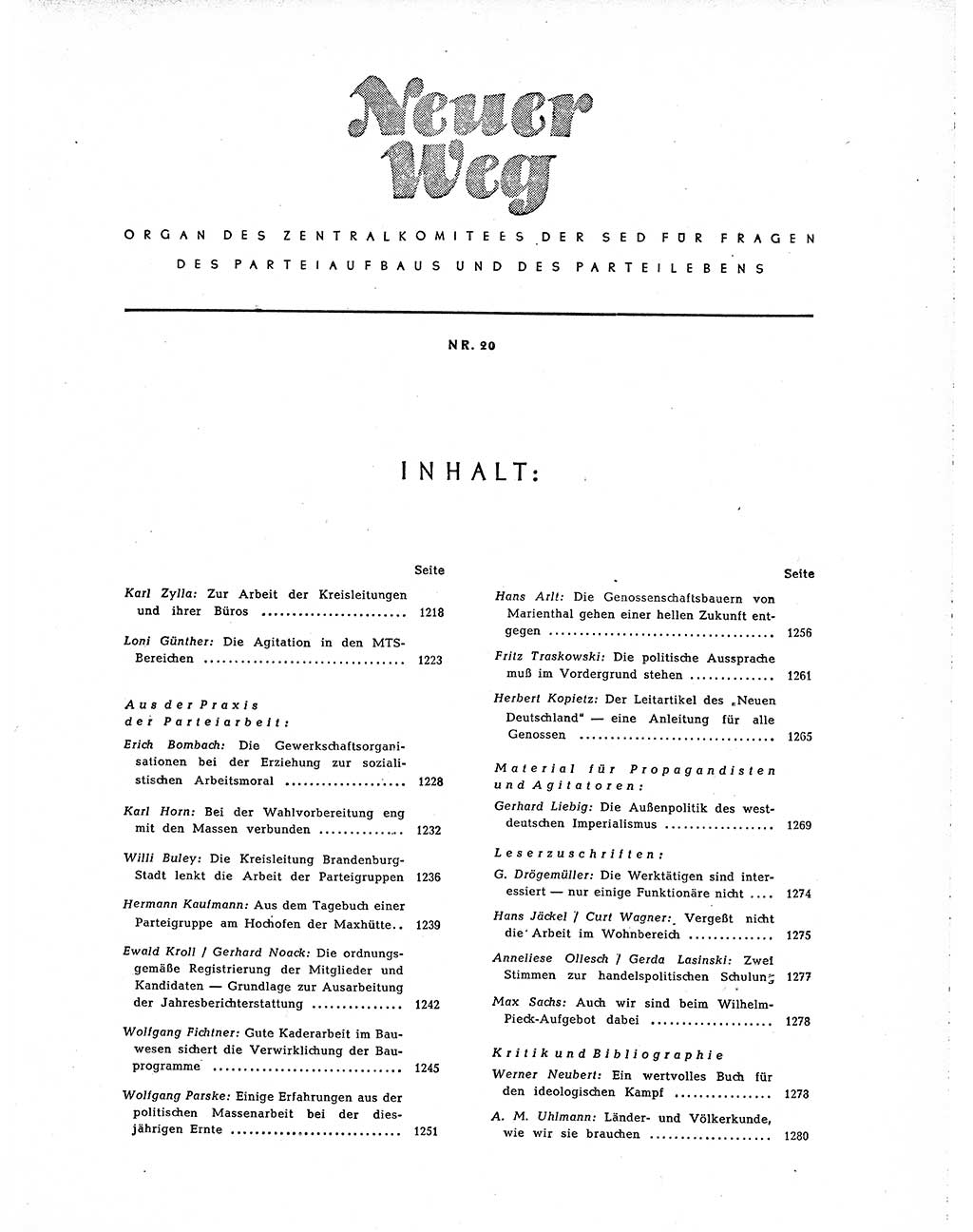 Neuer Weg (NW), Organ des Zentralkomitees (ZK) der SED (Sozialistische Einheitspartei Deutschlands) für Fragen des Parteiaufbaus und des Parteilebens, 10. Jahrgang [Deutsche Demokratische Republik (DDR)] 1955, Seite 1217 (NW ZK SED DDR 1955, S. 1217)