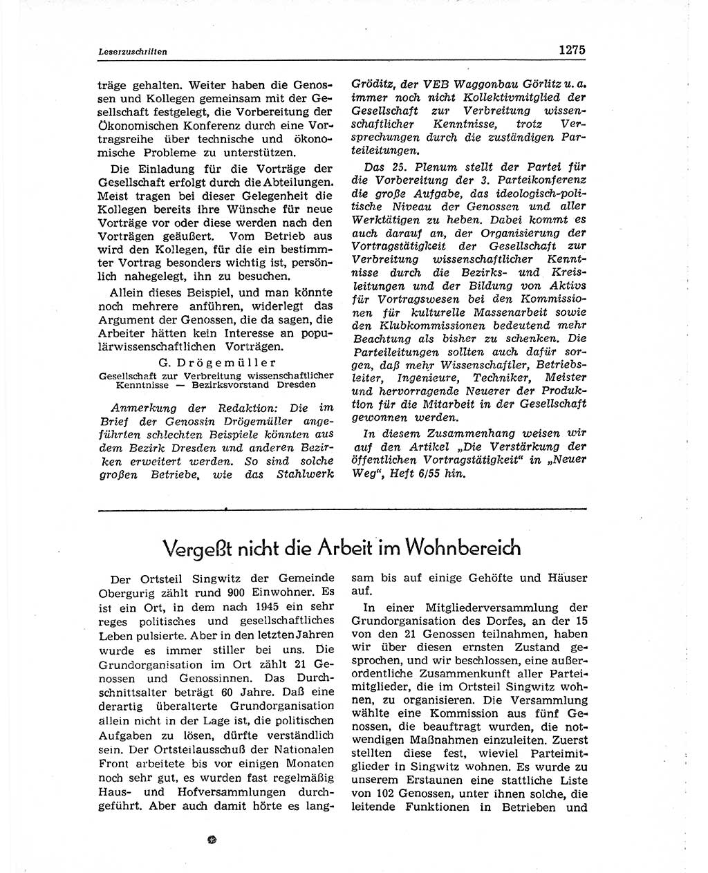 Neuer Weg (NW), Organ des Zentralkomitees (ZK) der SED (Sozialistische Einheitspartei Deutschlands) für Fragen des Parteiaufbaus und des Parteilebens, 10. Jahrgang [Deutsche Demokratische Republik (DDR)] 1955, Seite 1275 (NW ZK SED DDR 1955, S. 1275)