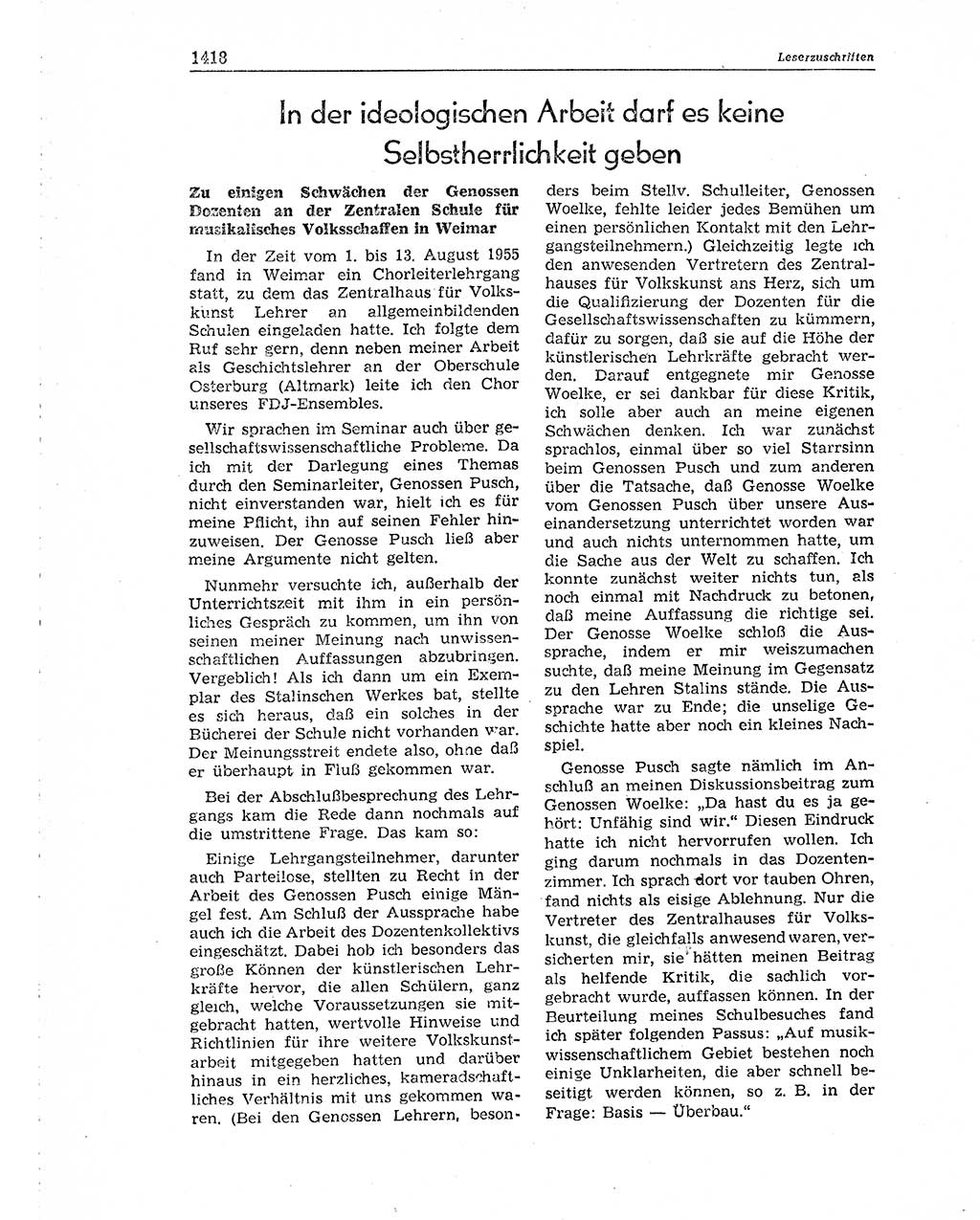 Neuer Weg (NW), Organ des Zentralkomitees (ZK) der SED (Sozialistische Einheitspartei Deutschlands) für Fragen des Parteiaufbaus und des Parteilebens, 10. Jahrgang [Deutsche Demokratische Republik (DDR)] 1955, Seite 1418 (NW ZK SED DDR 1955, S. 1418)