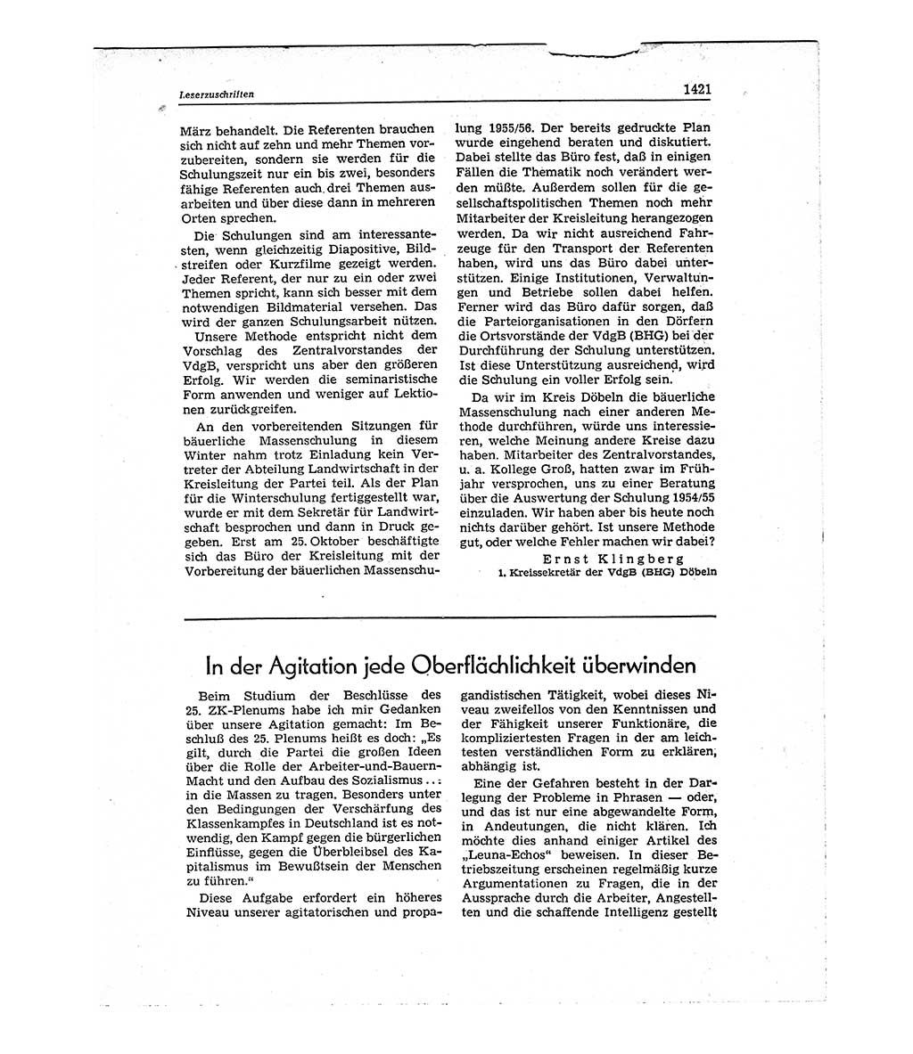 Neuer Weg (NW), Organ des Zentralkomitees (ZK) der SED (Sozialistische Einheitspartei Deutschlands) für Fragen des Parteiaufbaus und des Parteilebens, 10. Jahrgang [Deutsche Demokratische Republik (DDR)] 1955, Seite 1421 (NW ZK SED DDR 1955, S. 1421)