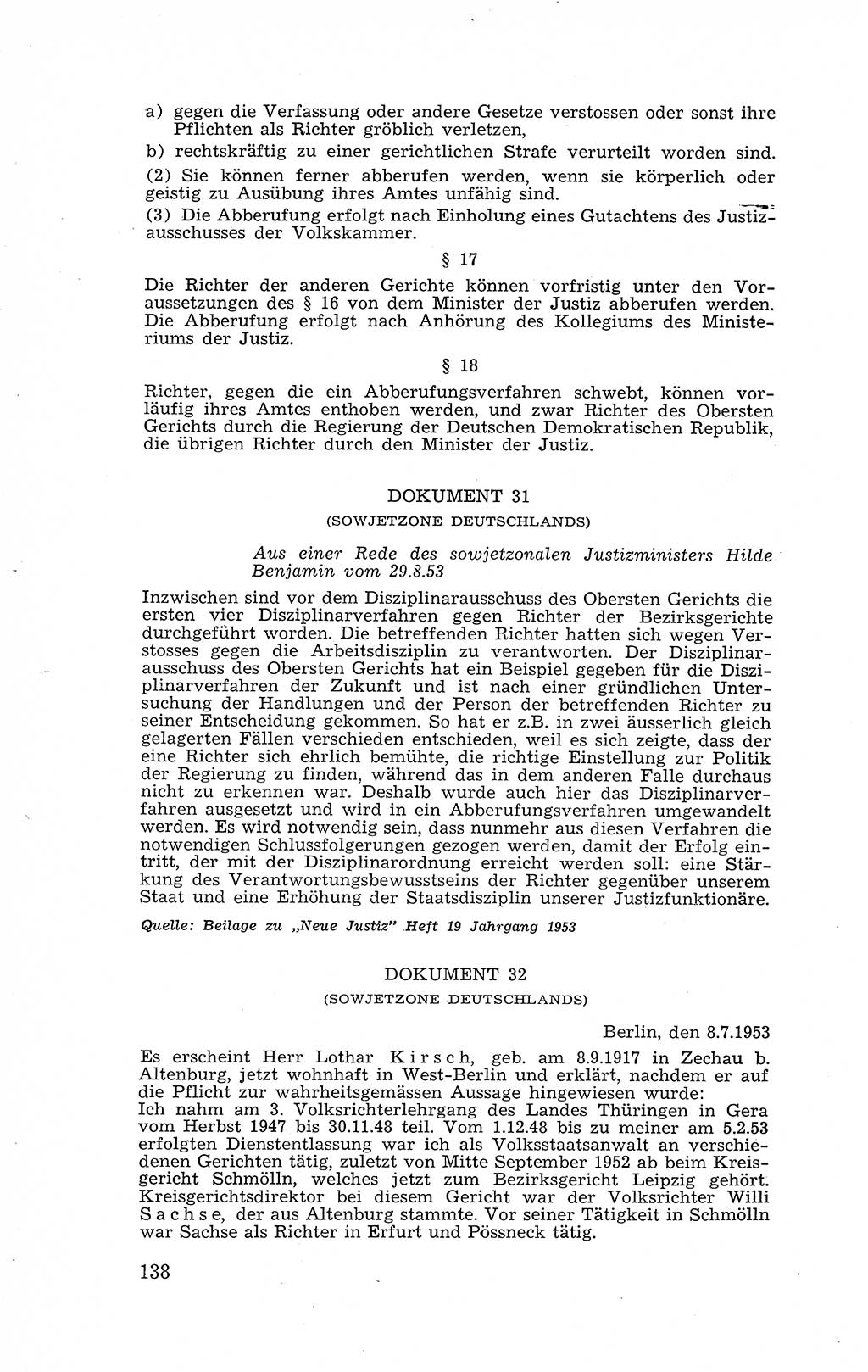 Recht in Fesseln, Dokumente, Internationale Juristen-Kommission [Bundesrepublik Deutschland (BRD)] 1955, Seite 138 (R. Dok. IJK BRD 1955, S. 138)