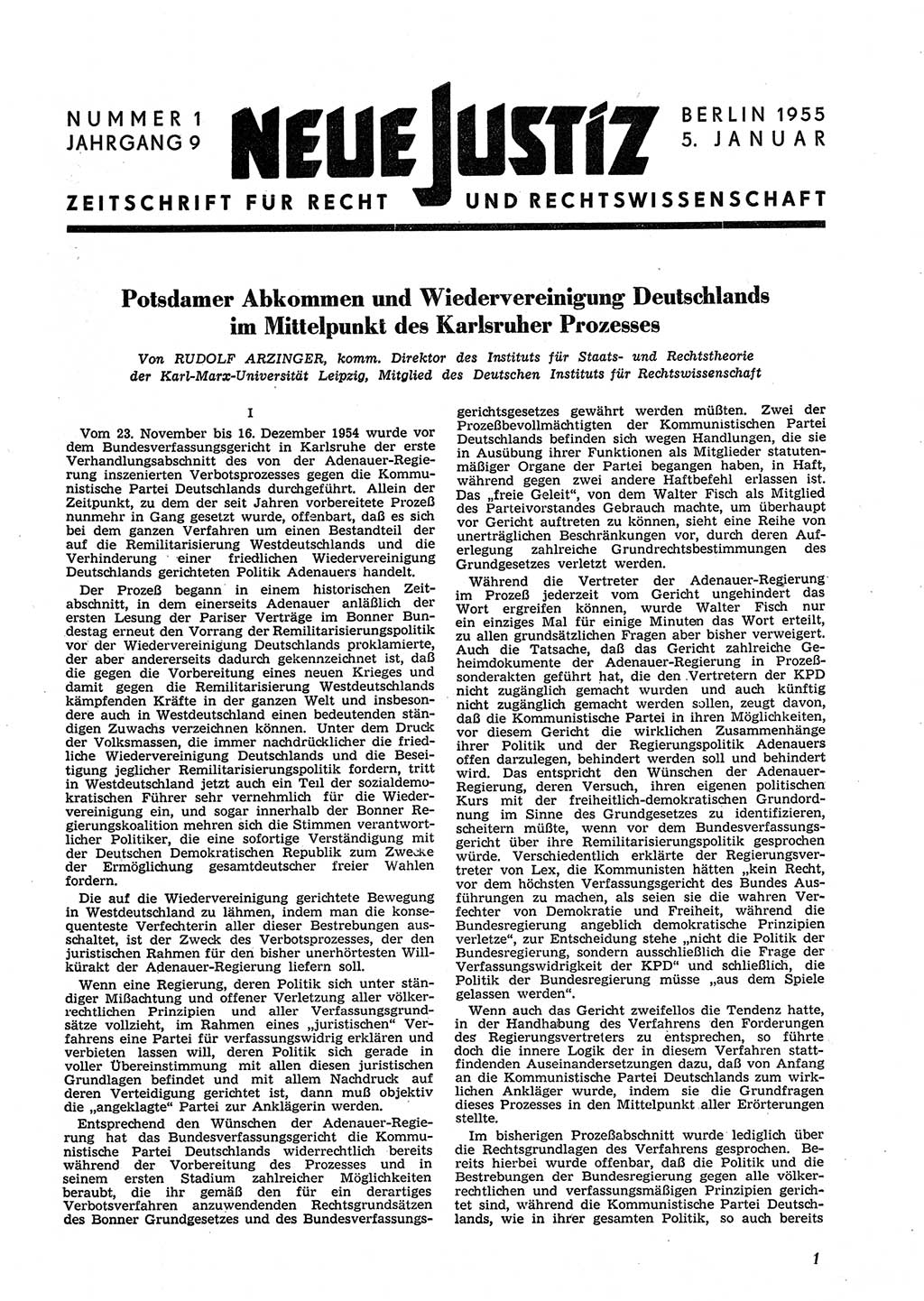 Neue Justiz (NJ), Zeitschrift für Recht und Rechtswissenschaft [Deutsche Demokratische Republik (DDR)], 9. Jahrgang 1955, Seite 1 (NJ DDR 1955, S. 1)