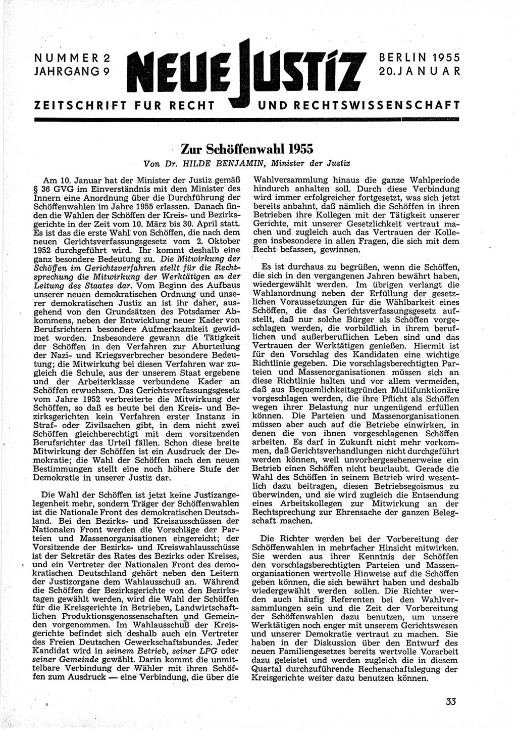 Neue Justiz (NJ), Zeitschrift für Recht und Rechtswissenschaft [Deutsche Demokratische Republik (DDR)], 9. Jahrgang 1955, Seite 33 (NJ DDR 1955, S. 33)